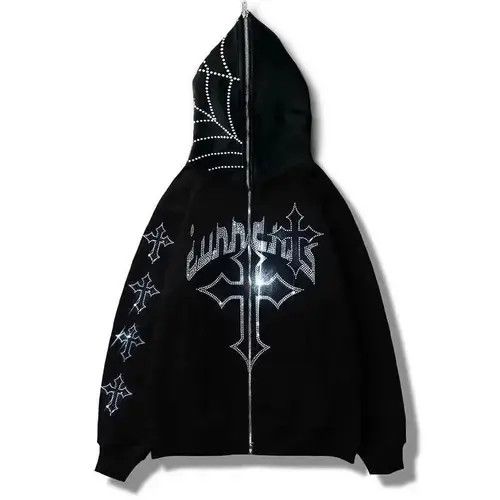 Japanese Brand Fashion Hoodie Rhinestones letter graphics Print Zip Hoodie Size ONE SIZE - 6 Thumbnail
