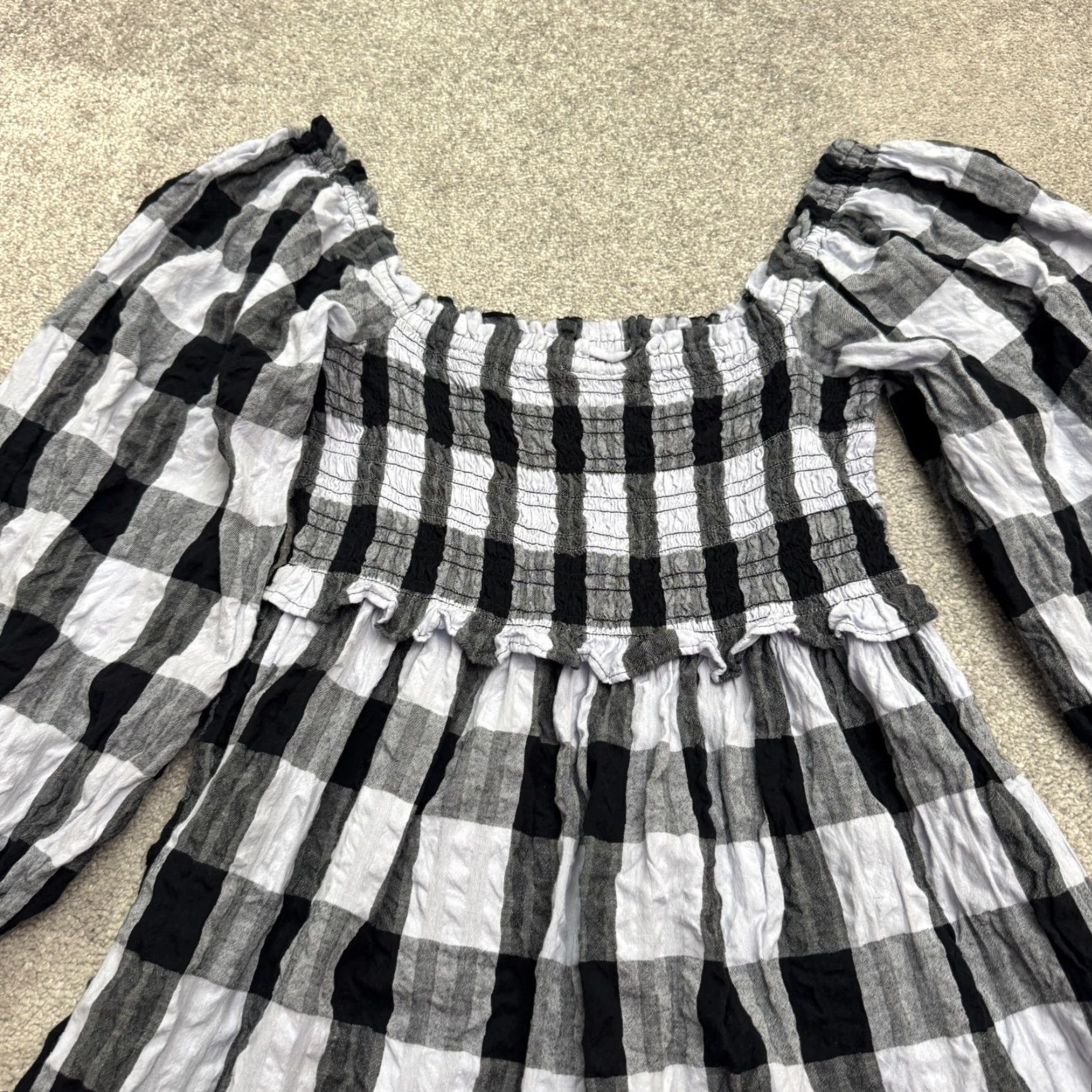 Topshop Topshop Blouse Shirt Womens 6 Black White Plaid Off Shoulder Puff Sleeve Smocked Casual Knit Rayon Cotton Button Pullover Regular Fit Adult Womens Size M / US 6-8 / IT 42-44 - 3 Thumbnail