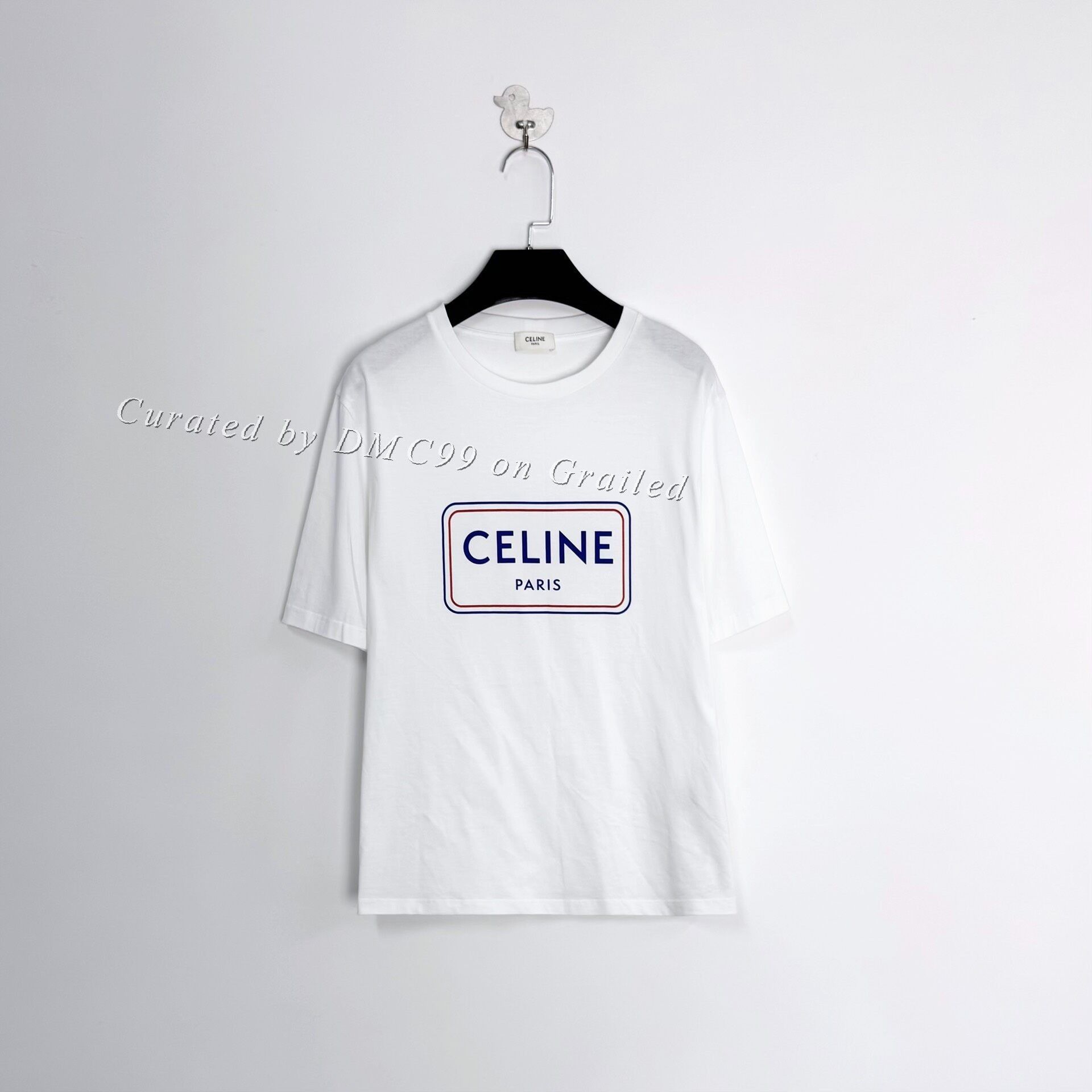 Celine × Hedi Slimane Off White and Burgundy Flocked Logo T-Shirt