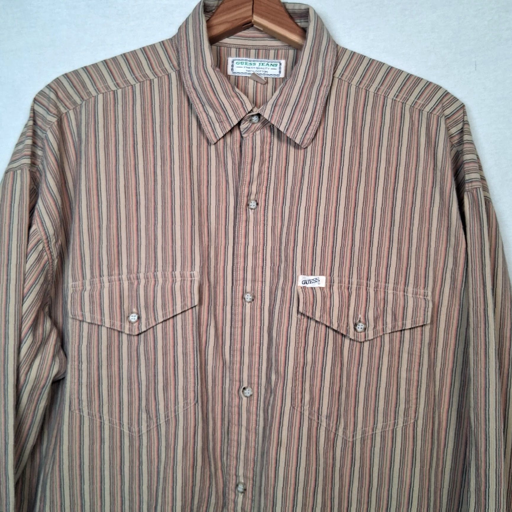 Guess VINTAGE Guess Jeans Shirt Men L Beige Striped Button Up SAMPLE 90s 1990s Cotton Carded? Size US L / EU 52-54 / 3 - 2 Thumbnail