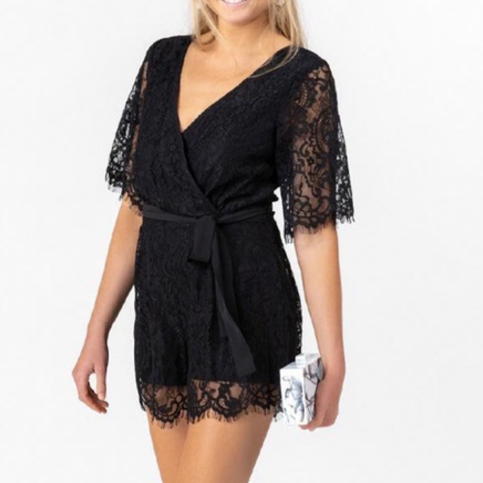 Other Miami Black Lace Surplice Romper Ribbon Tie Small Size 27" / US 4 / IT 40 - 3 Thumbnail