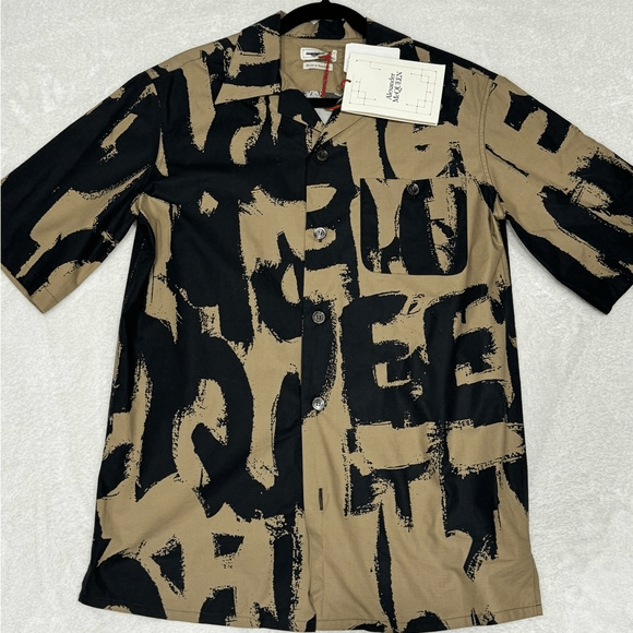 image of Alexander Mcqueen Graffiti Logo Print Shirt Button Up Black in Tan, Men's (Size Small)