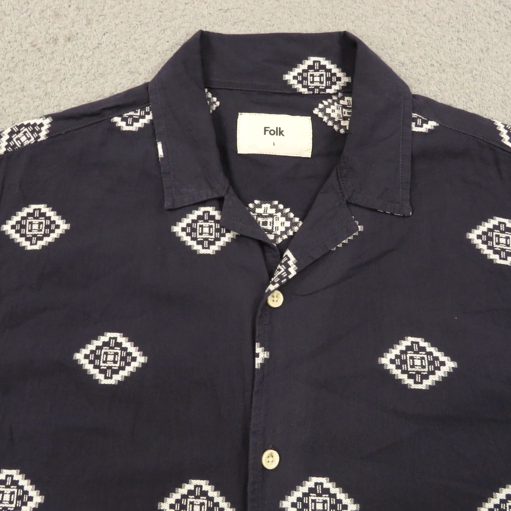 Folk Folk Shirt Mens Large Navy Cotton White Jacquard Woven Aztec Print Camp Collar Size US L / EU 52-54 / 3 - 3 Thumbnail