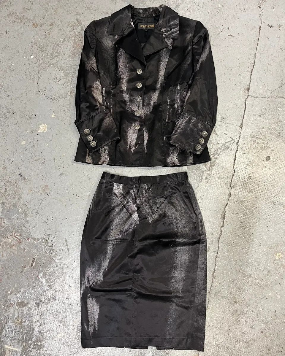 Roberto Cavalli Roberto Cavalli Silver Paint Black Suit & Skirt Set Size M / US 6-8 / IT 42-44 - 1 Thumbnail
