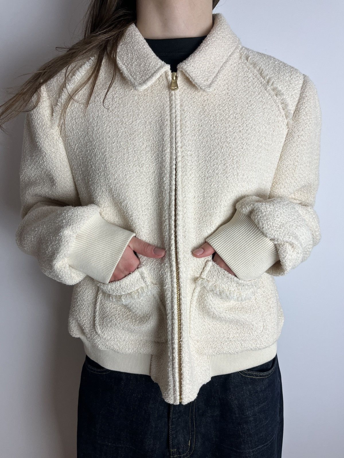ME+EM ME+EM Tweed Bomber Jacket Cream Stretch Cotton Size XL / US 12-14 / IT 48-50 - 9 Thumbnail