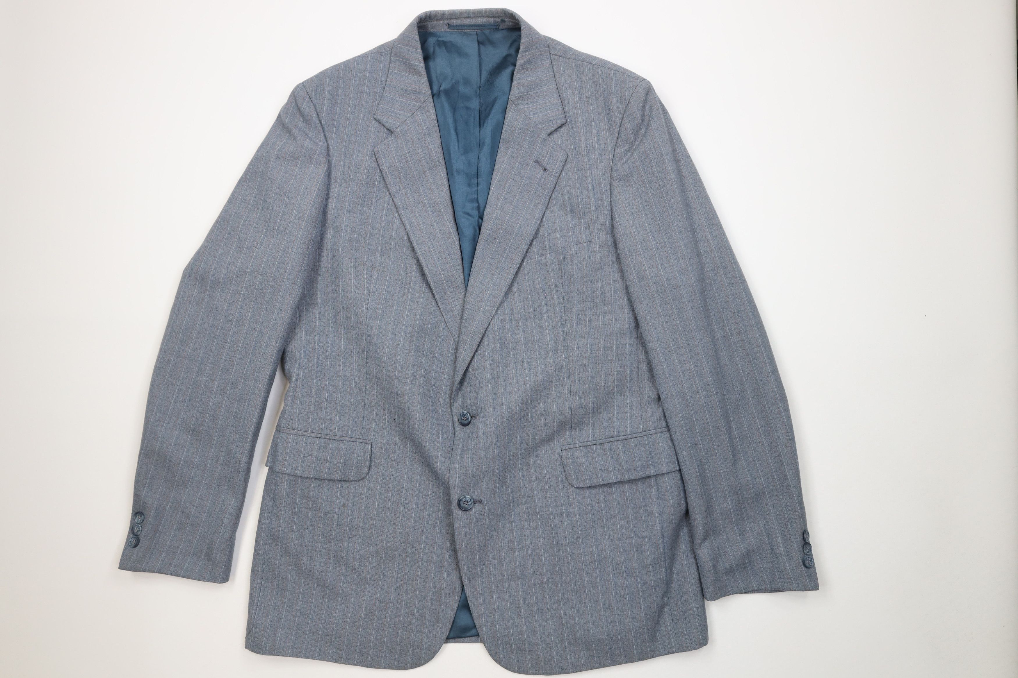 Vintage Vintage 70s 2 Piece Wool Suit Wedding Blue Striped Size 44L - 2 Thumbnail