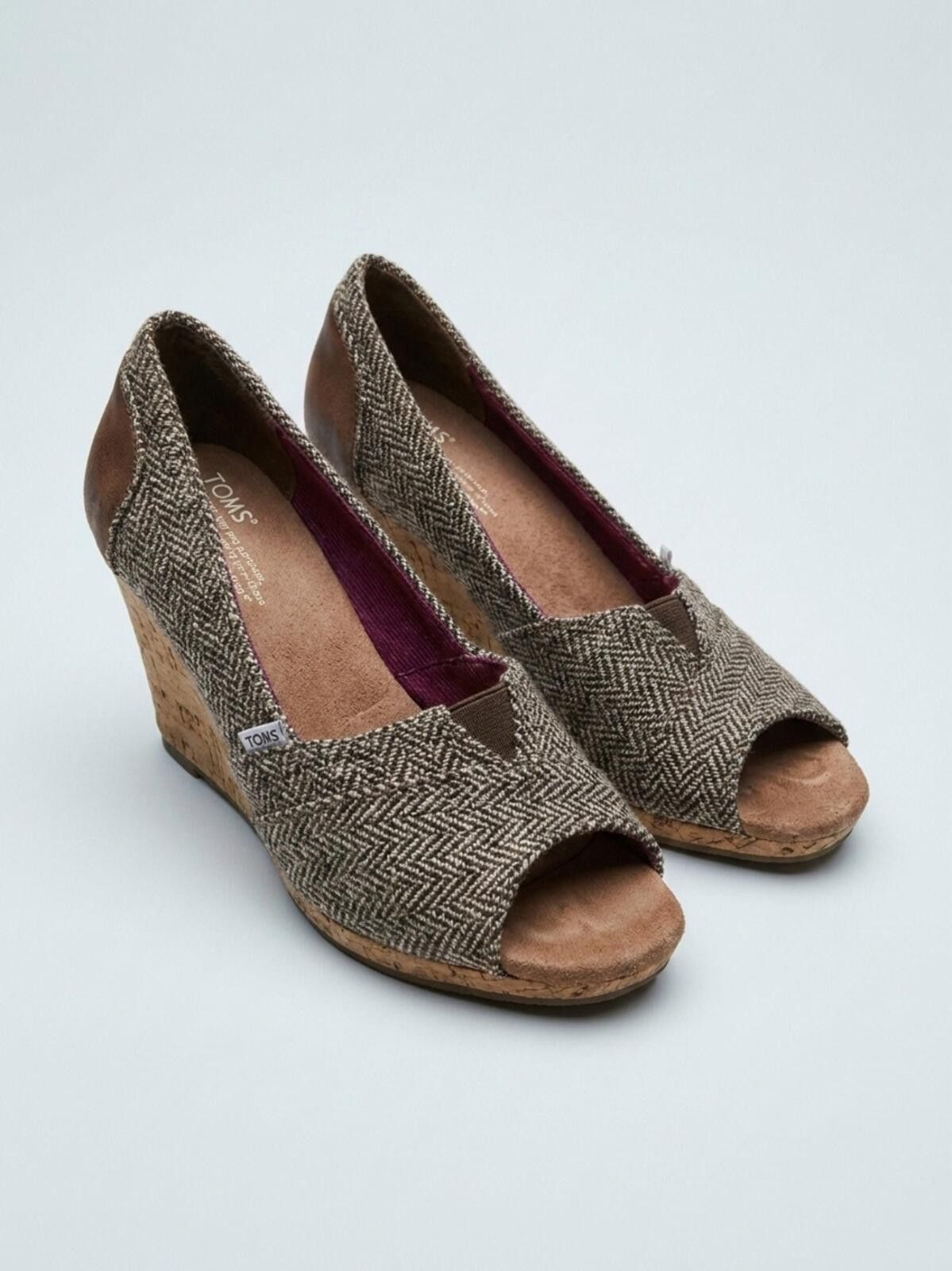 Toms TOMS Brown Herringbone Cork Wedge Peep-Toe Shoes Size US 7 / IT 37 - 1 Thumbnail