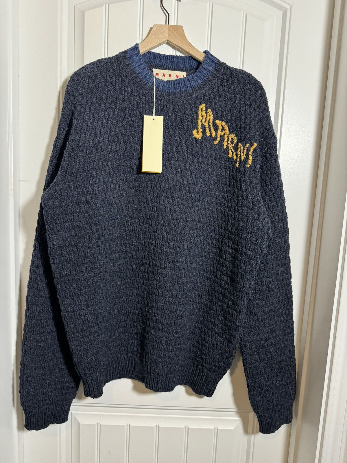 Image of Marni New Mouline Shetland Wool With Embroidered Logo in Navy, Men's (Size XL)