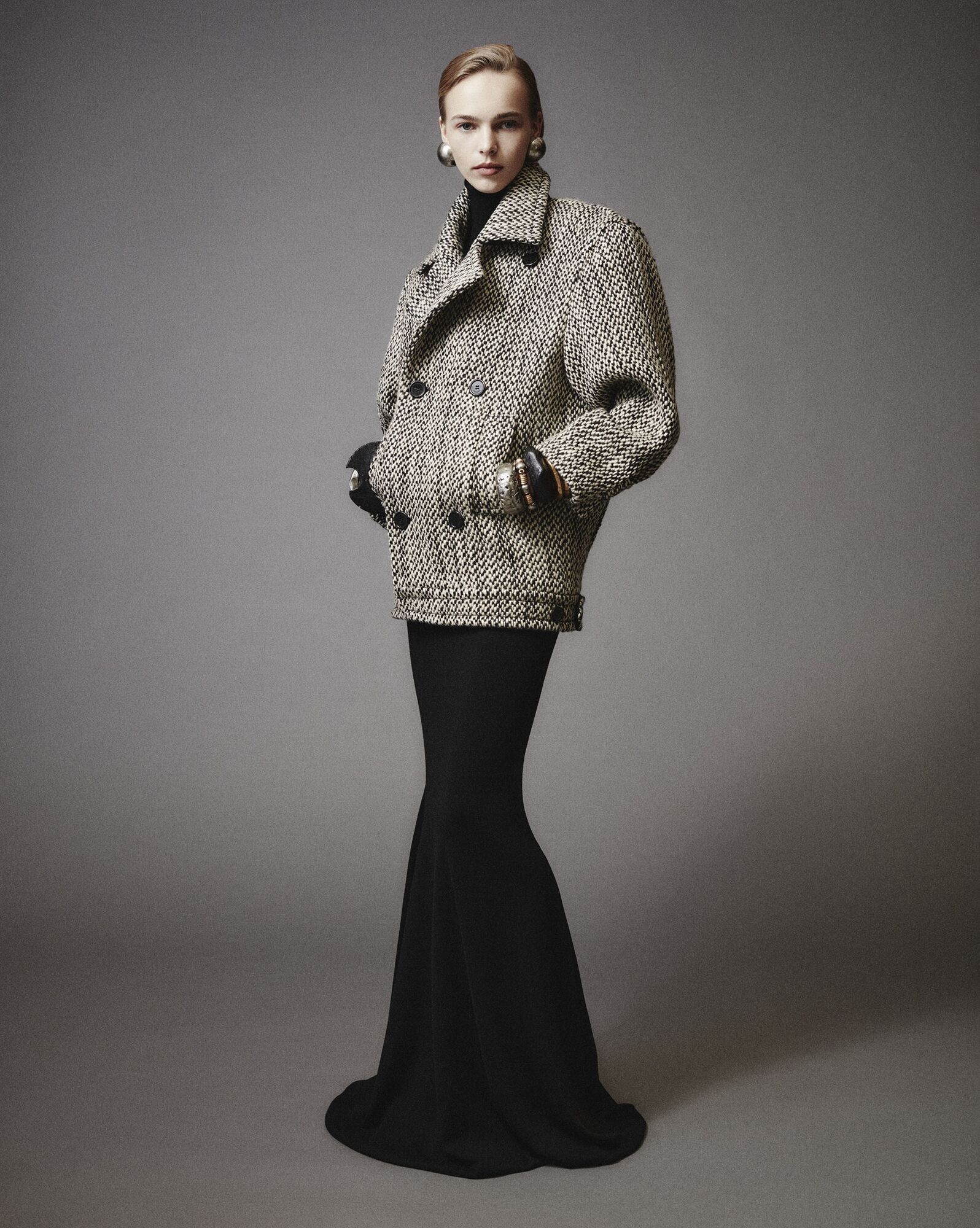 Saint Laurent Paris o1s1wg111124 Double-Breasted Coat in Tweed in Black/White Size M / US 6-8 / IT 42-44 - 2 Thumbnail