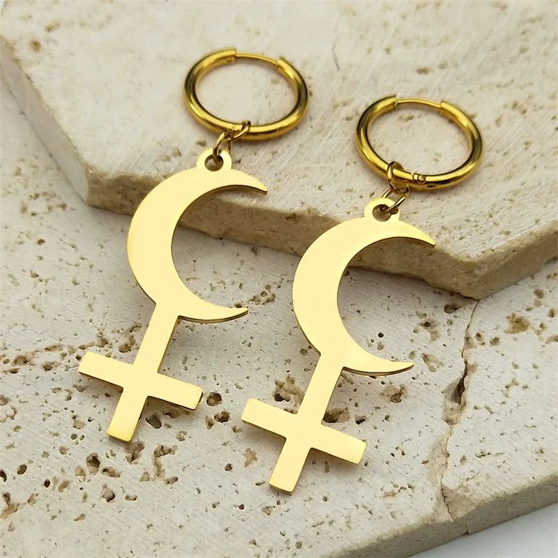 Jewelry Crescent Moon Inverted Cross Hoop Earrings Jewelry Gift Size ONE SIZE - 2 Thumbnail