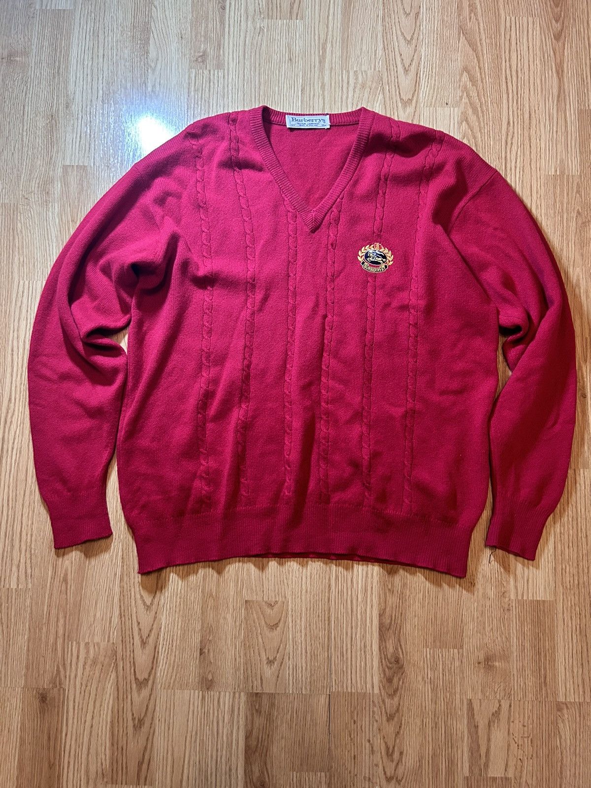 Burberry Vintage Burberry Big Logo Red Cotton Knit Ribbed Sweater Size US L / EU 52-54 / 3 - 1 Thumbnail