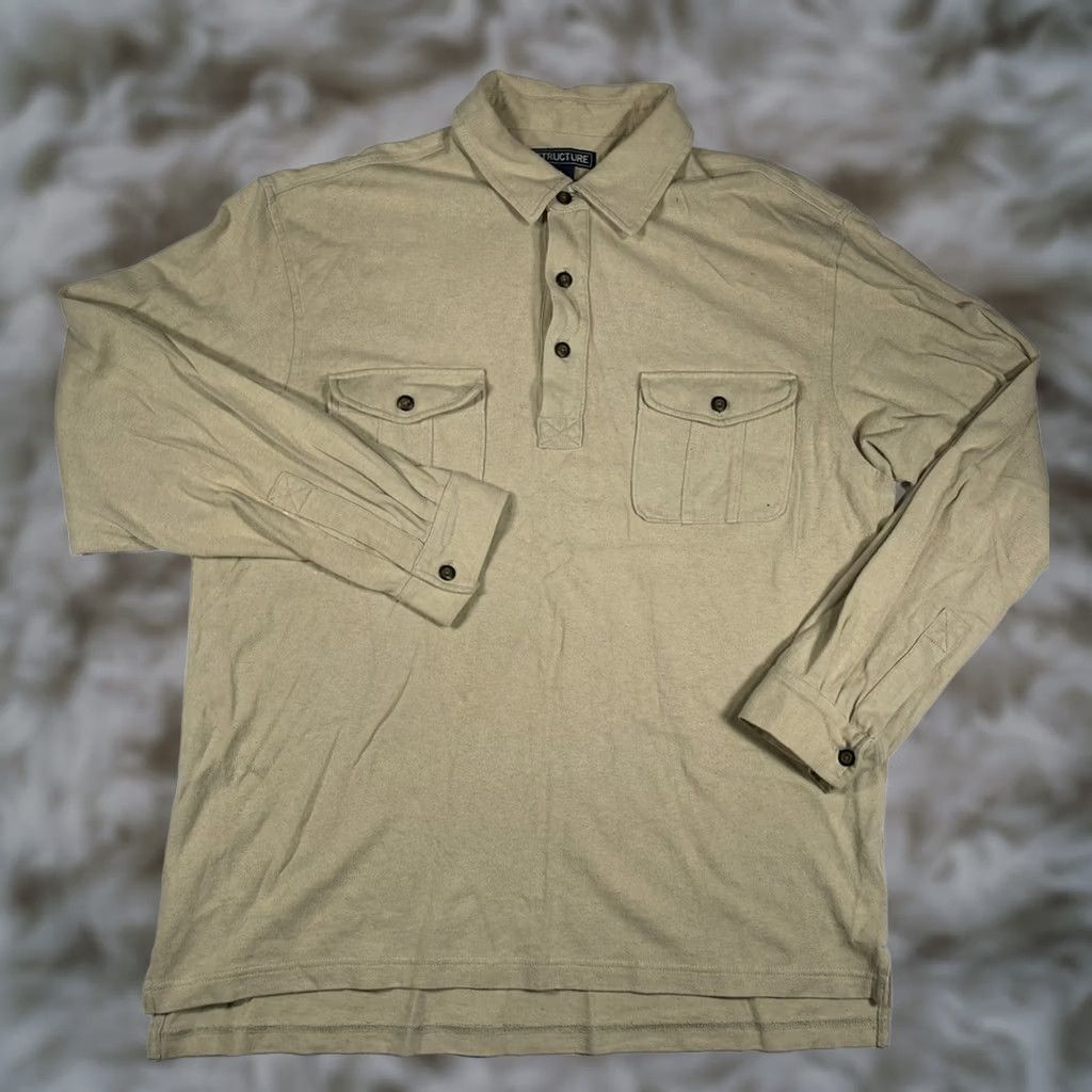 Vintage Structure Mens Long Sleeve Polo Shirt L Beige Collared Button 100% Cotton Size US L / EU 52-54 / 3 - 1 Thumbnail