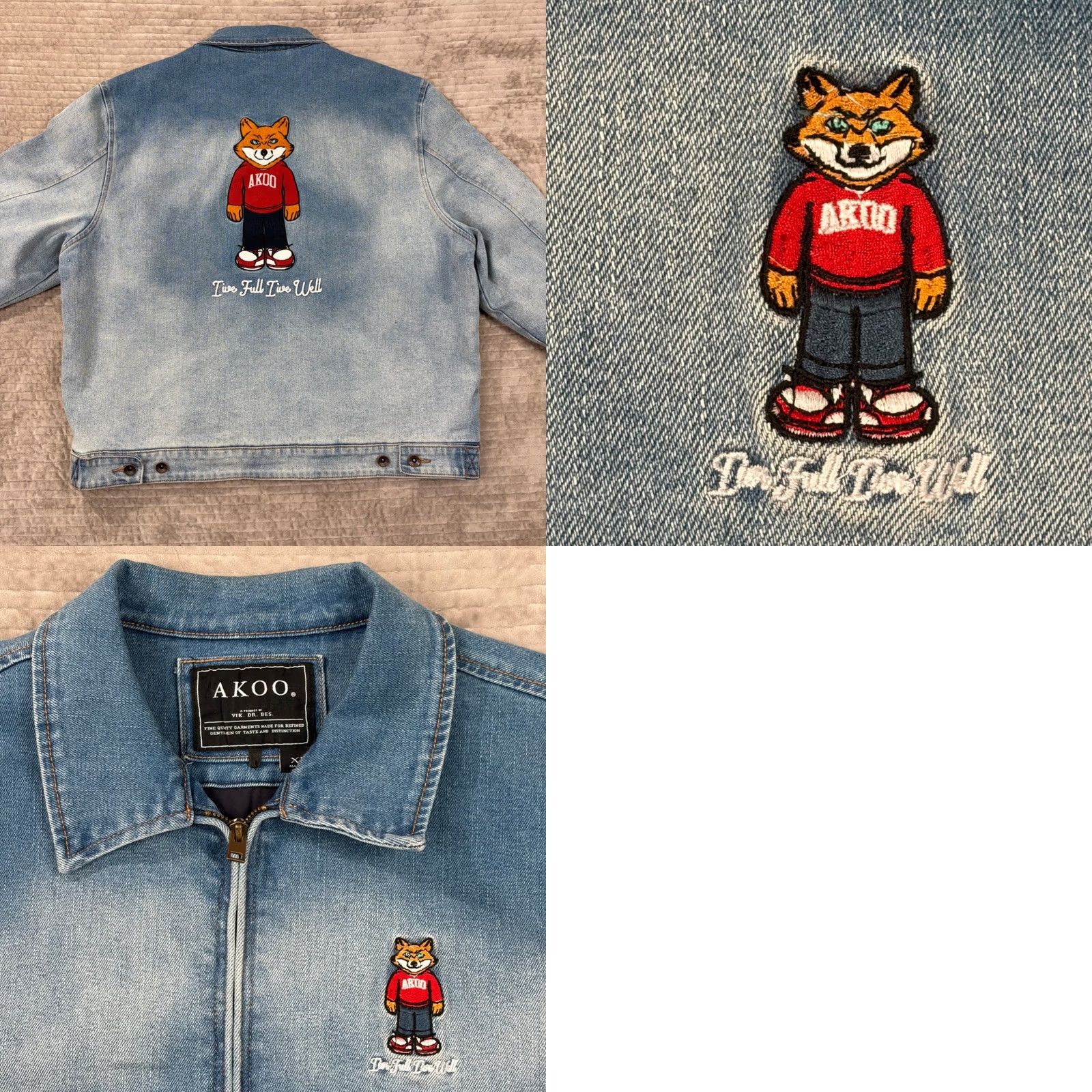 Denime AKOO Mens XL Light Wash Denim Jacket Full Zip Fox Mascot Live Full Live Well Bomber Jacket Streetwear Logo Zipper Pockets Embroidered Casual Mens Size US XL / EU 56 / 4 - 8 Thumbnail
