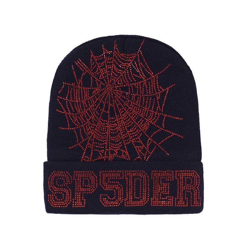 image of Sp5Der Spider Worldwide Web Beanie Rhinestone Navy Red, Men's