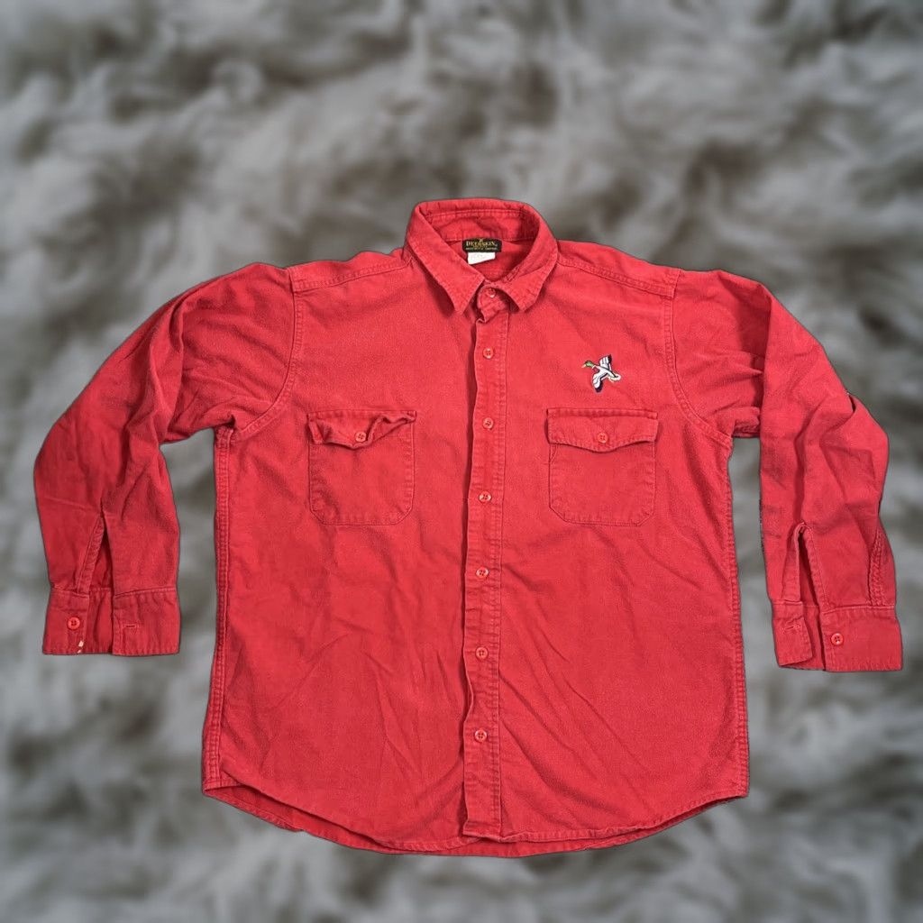 VINTAGE Deerskin Duck Embroidery Heavy Cotton Flannel Shirt XL Red Men Button-Up Long Sleeve
