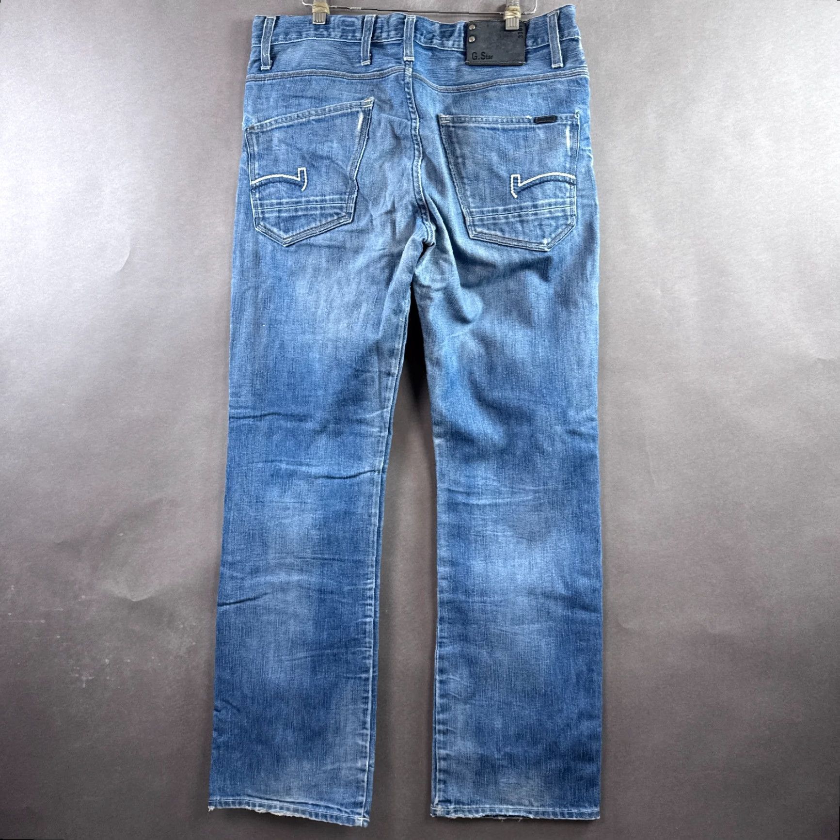 G-Star G Star Raw Jeans Mens 34x32 Blue Coder Button Fly Faded Distressed Denim 5-Pocket Straight Regular Jeans Mens XS? Size US 33 - 3 Thumbnail
