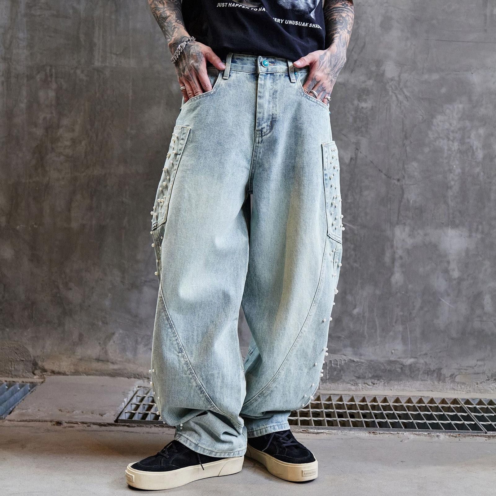 Japanese Brand Light Wash Relaxed Fit Pearl Embellished Jeans Size US 32 / EU 48 - 3 Thumbnail