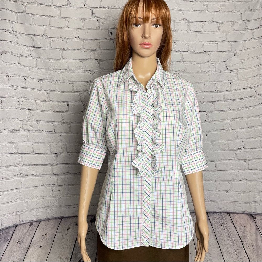 Lilly Pulitzer Lilly Pulitzer Button Ruffle Front Plaid Cotton Shirt Size Size L / US 10 / IT 46 - 1 Thumbnail