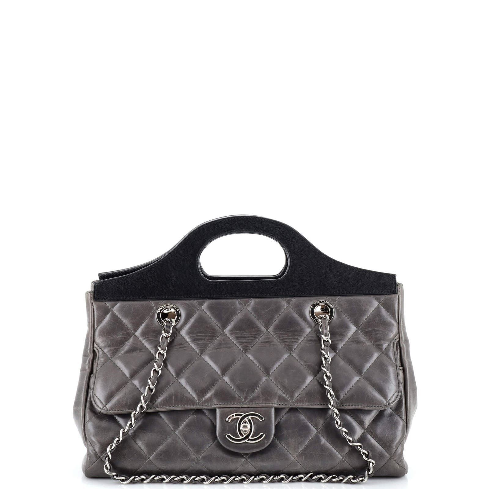 image of Chanel Cc Delivery Tote Quilted Glazed Calfskin Small in Grey, Women's