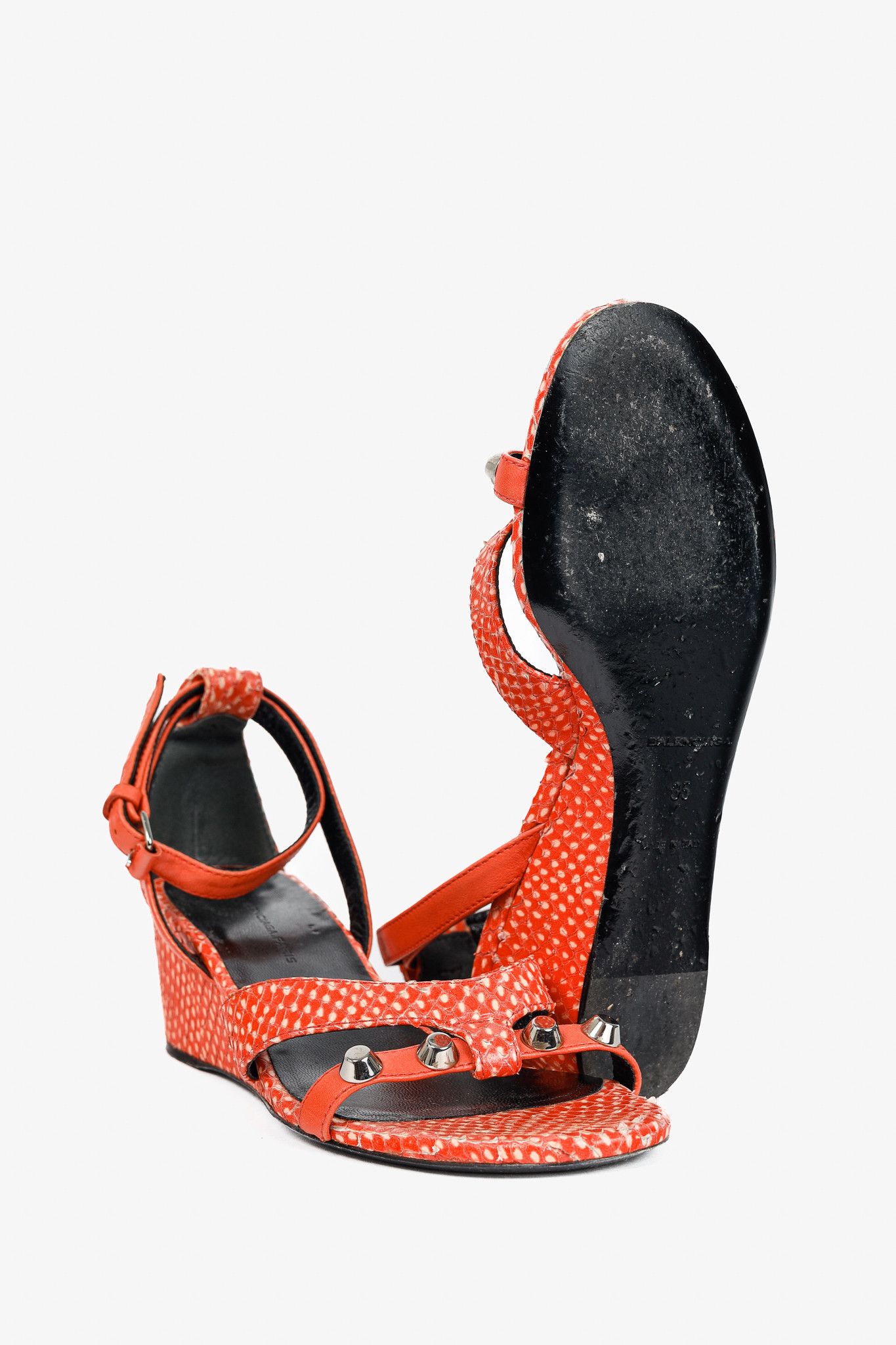 Balenciaga Balenciaga Orange Snakeskin-Embossed Studded Wedge Sandals Size US 4.5 / IT 34.5 - 4 Thumbnail