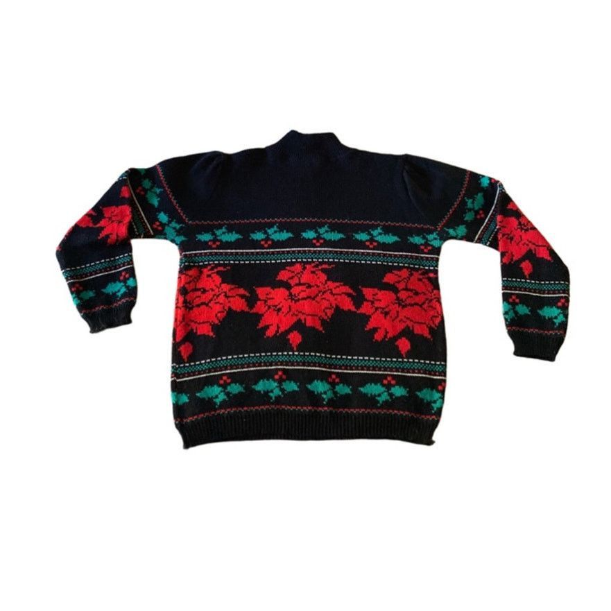 Other Vintage Christmas Poinsettia Knit Holiday Sweater Black M Size M / US 6-8 / IT 42-44 - 5 Thumbnail