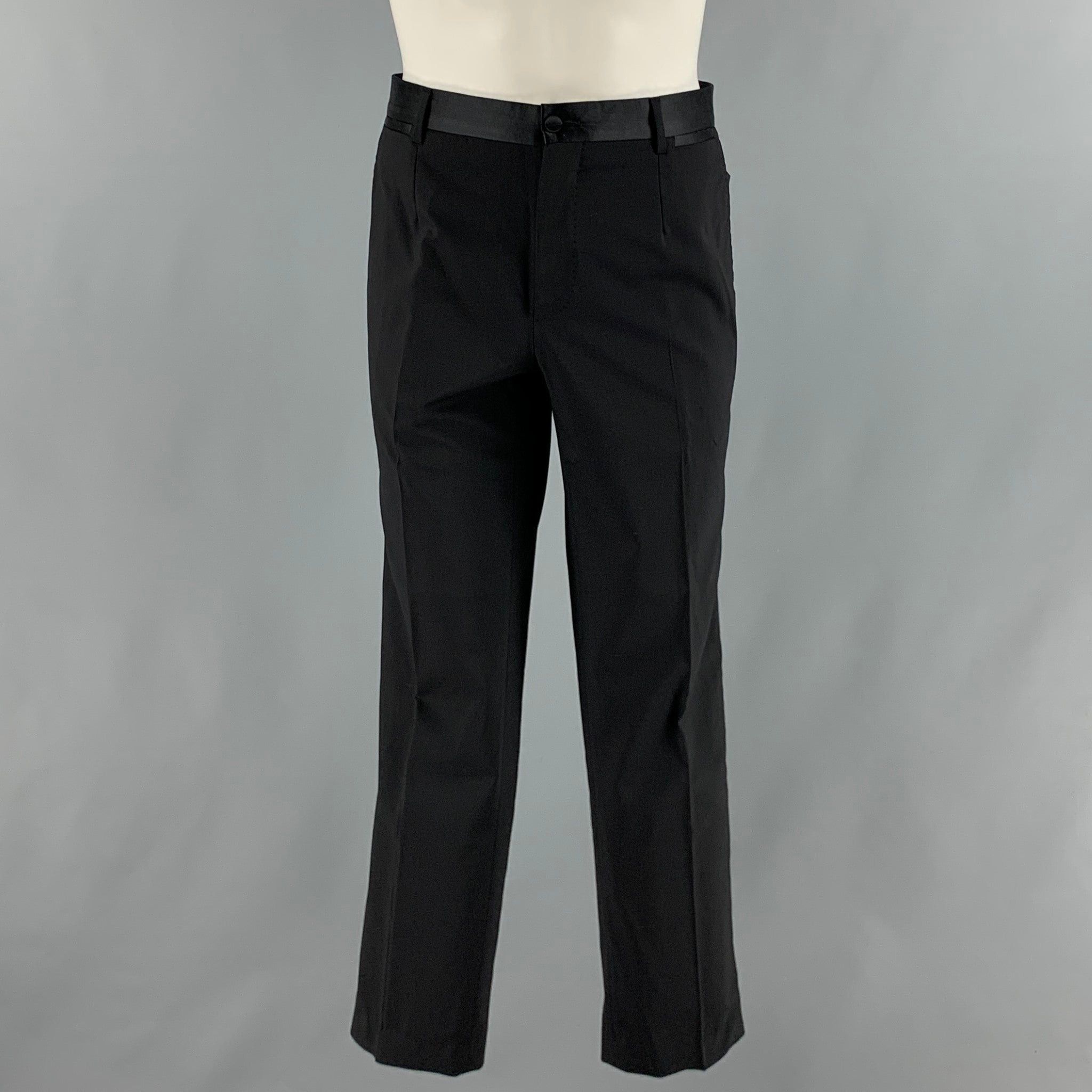 image of Dolce Gabbana Black Solid Wool Blend Tuxedo Dress Pants, Men's (Size 32)