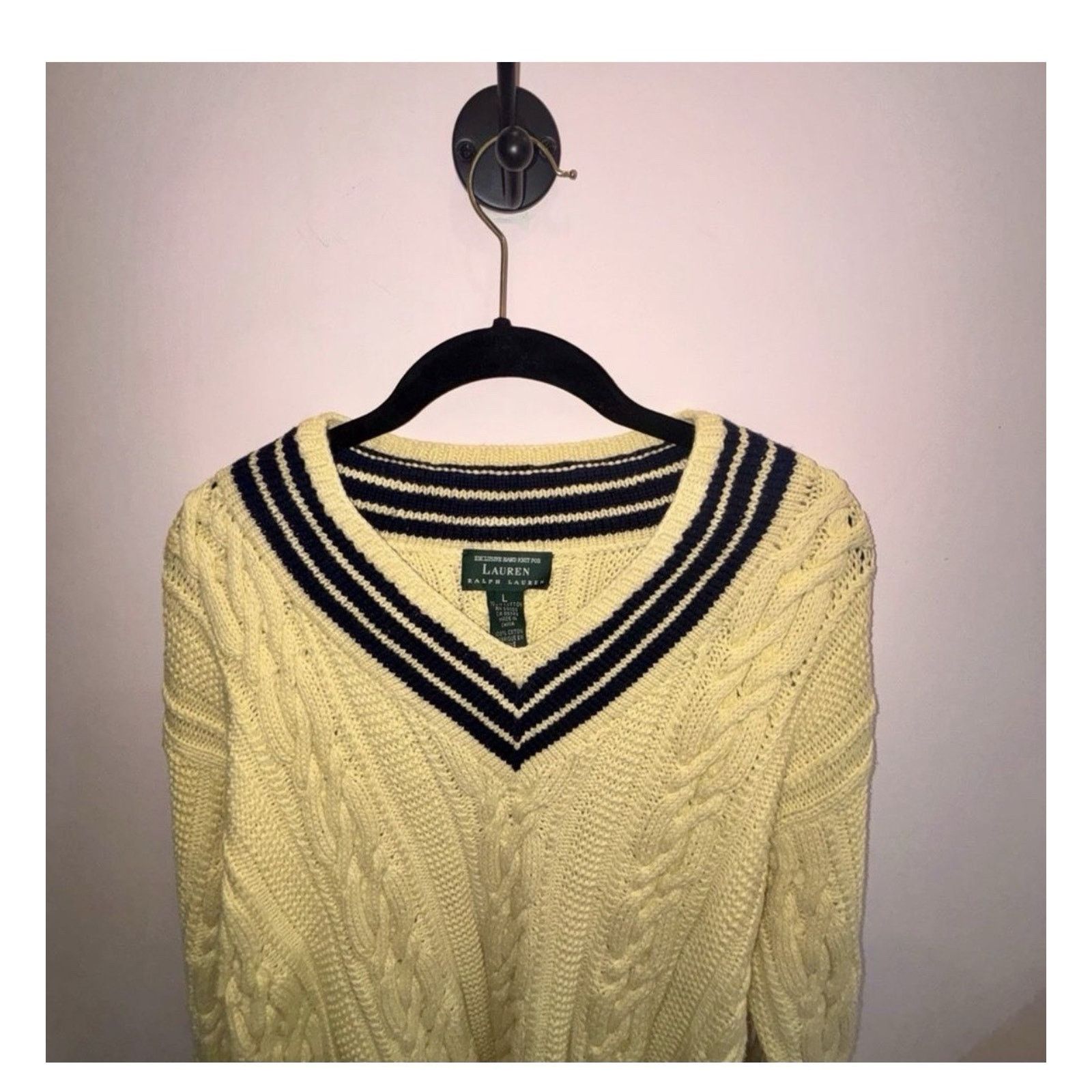 Lauren Ralph Lauren 90s Ralph Lauren Hand Knit Sweater Yellow Navy Polo Pony Size L / US 10 / IT 46 - 6 Thumbnail