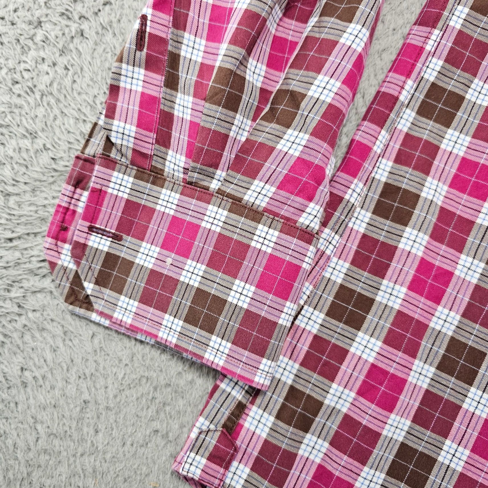 David Donahue David Donahue Dress Shirt Mens Large Pink Brown Check Twill Cotton Long Sleeve Size 42R - 6 Thumbnail