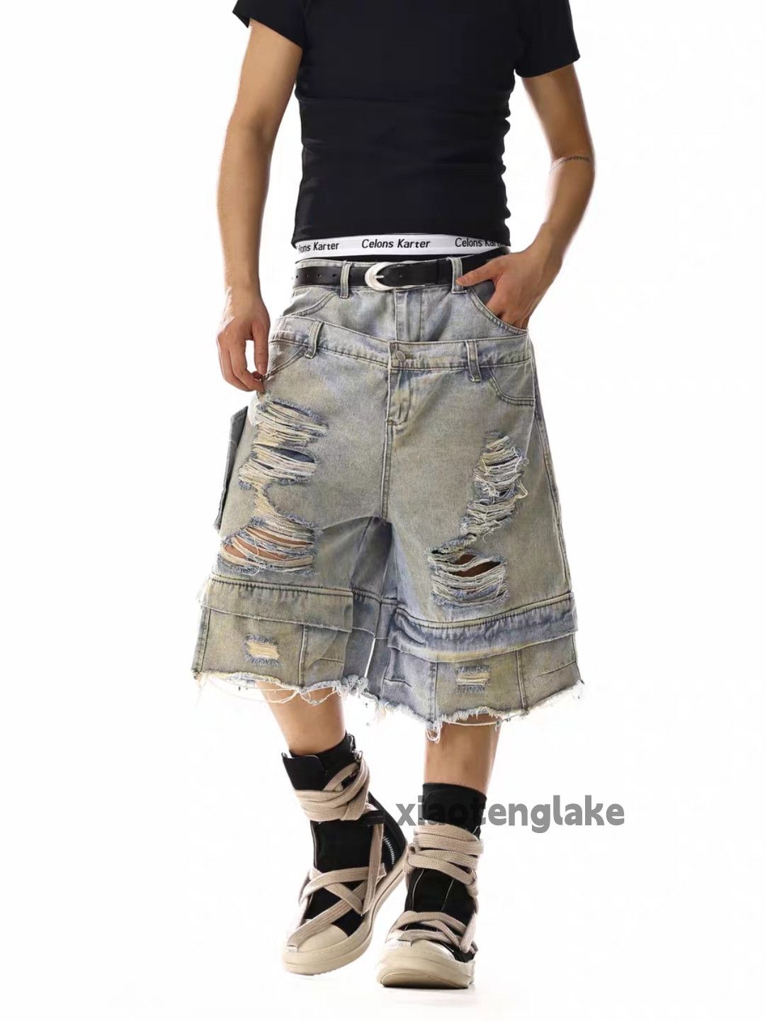 Designer × Jean × Vintage Unisex washed faded double waist patchwork ripped shorts Size US 34 / EU 50 - 5 Thumbnail