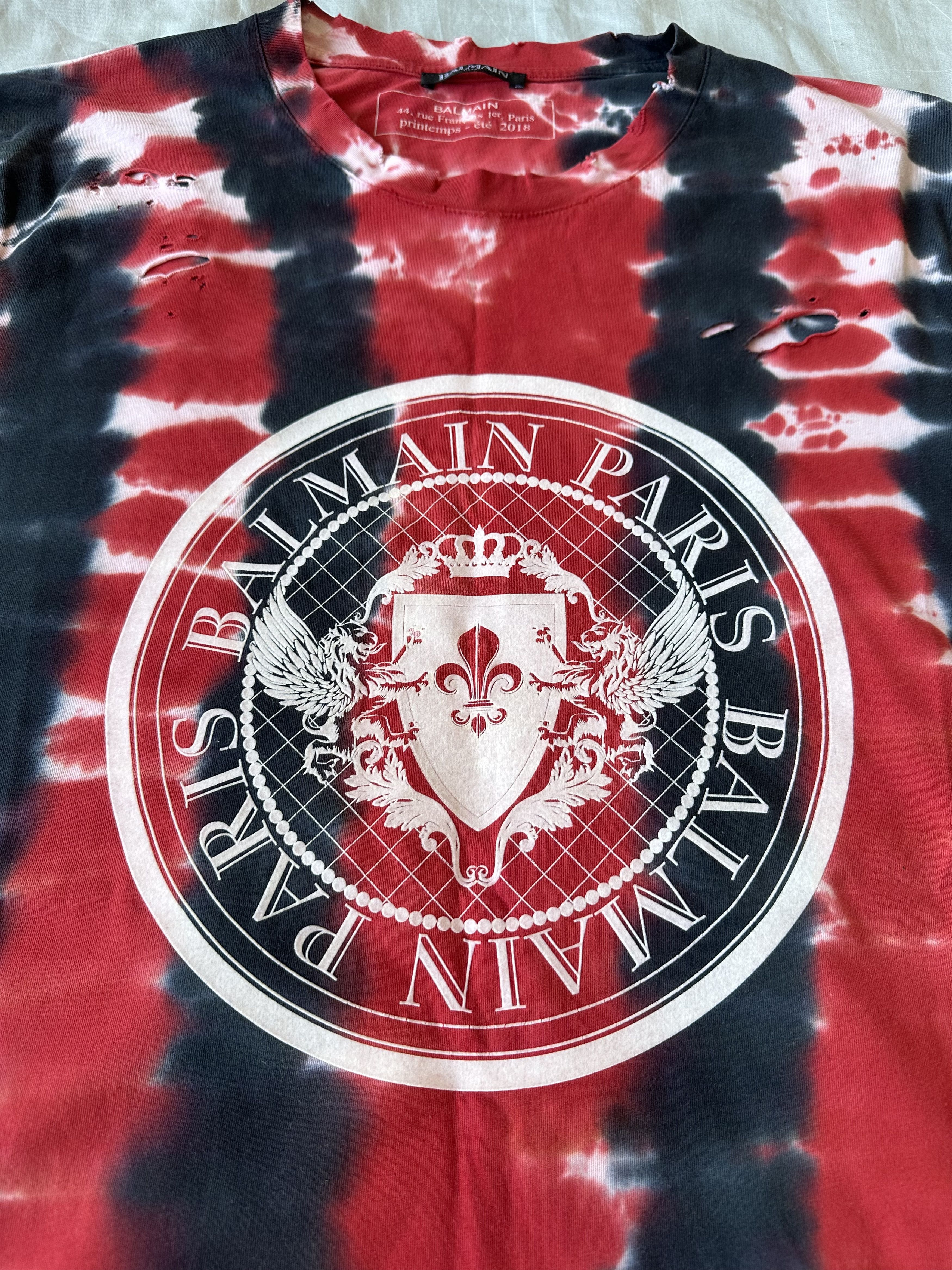 Balmain SS18 Balmain Red Tie Dye Distressed Logo T-shirt Size US M / EU 48-50 / 2 - 3 Thumbnail
