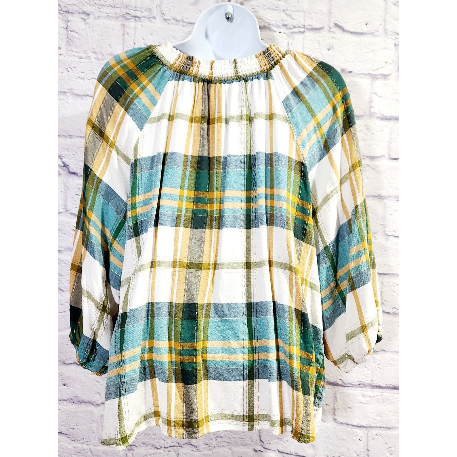Other Cato White Green Gold Plaid V Neck Top 14W 16W Plus Size XXL / US 16-18 / IT 52-54 - 4 Thumbnail