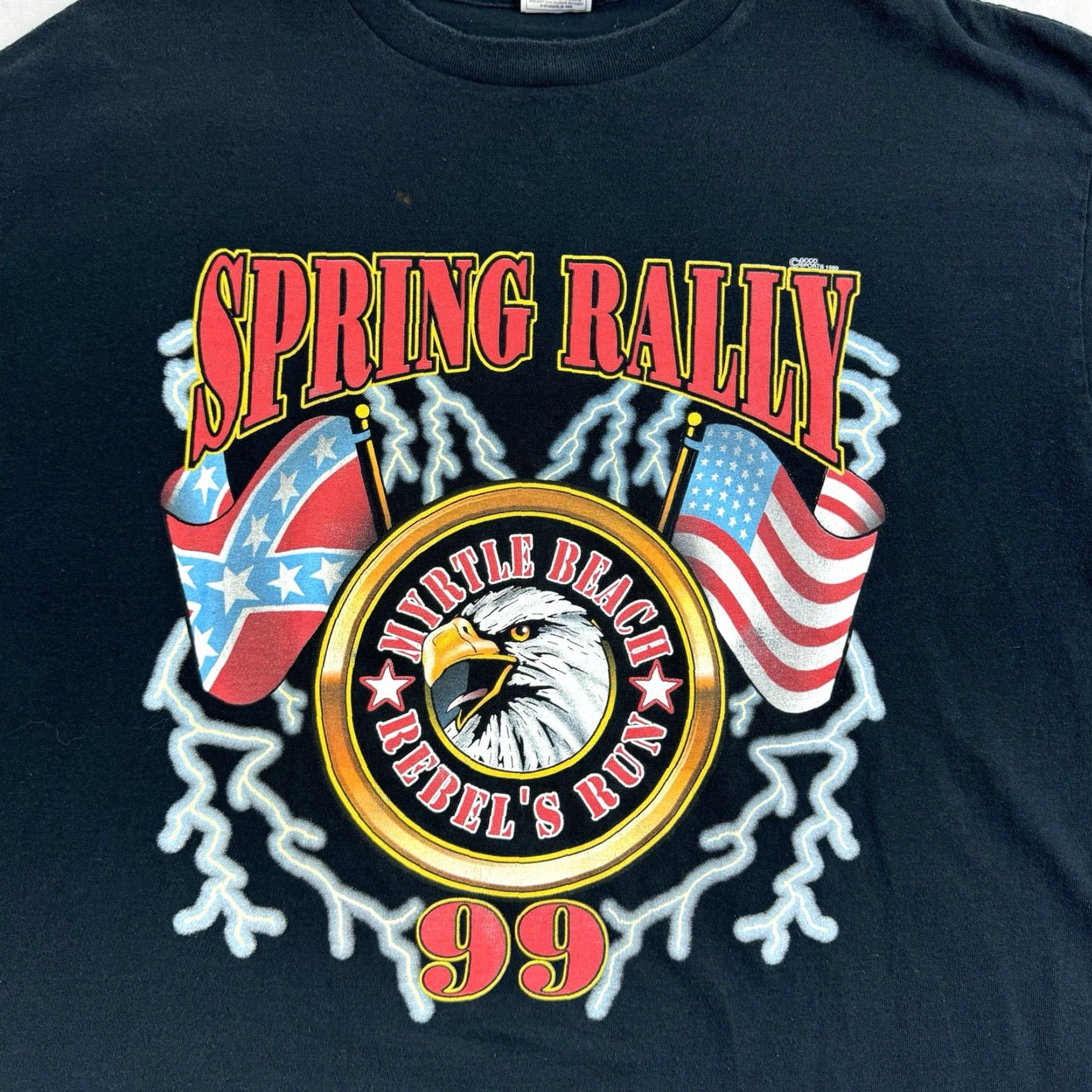 Fruit Of The Loom VINTAGE Biker Rally T Shirt Adult XL Black Myrtle Beach Eagle Lightning 1999 USA Shirt Mens XL Black USA Biker 90s Size US XL / EU 56 / 4 - 2 Thumbnail