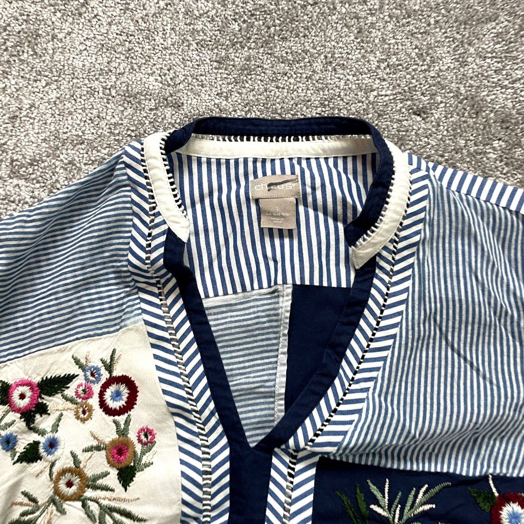 Vintage Chico's Womens V-Neck Blouse Blue Striped Floral Embroidered Long Sleeve XL Size XL / US 12-14 / IT 48-50 - 3 Thumbnail