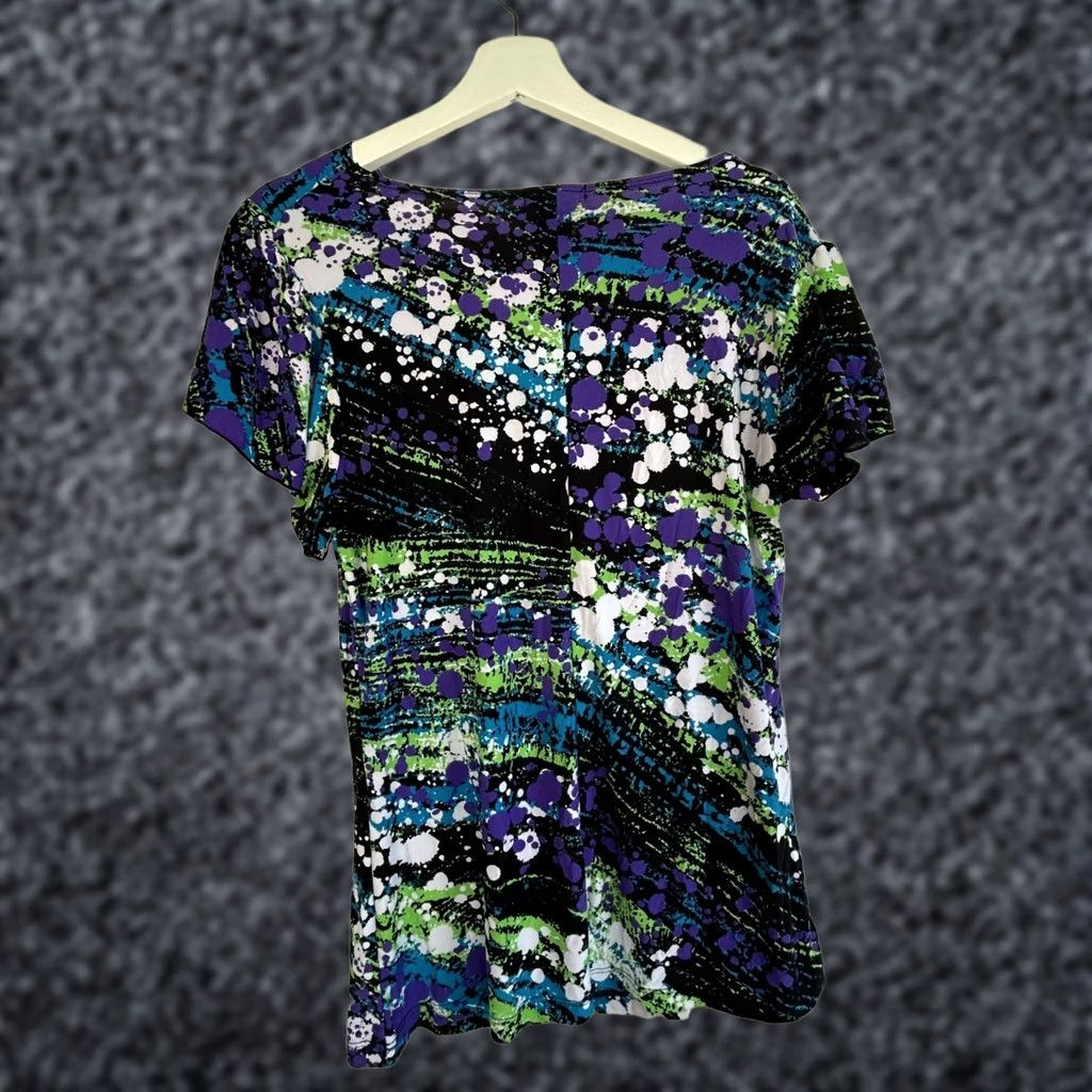 Vintage Carole Little Womens Abstract Print Short Sleeve Drape Neck Top Purple New Large Size L / US 10 / IT 46 - 1 Thumbnail