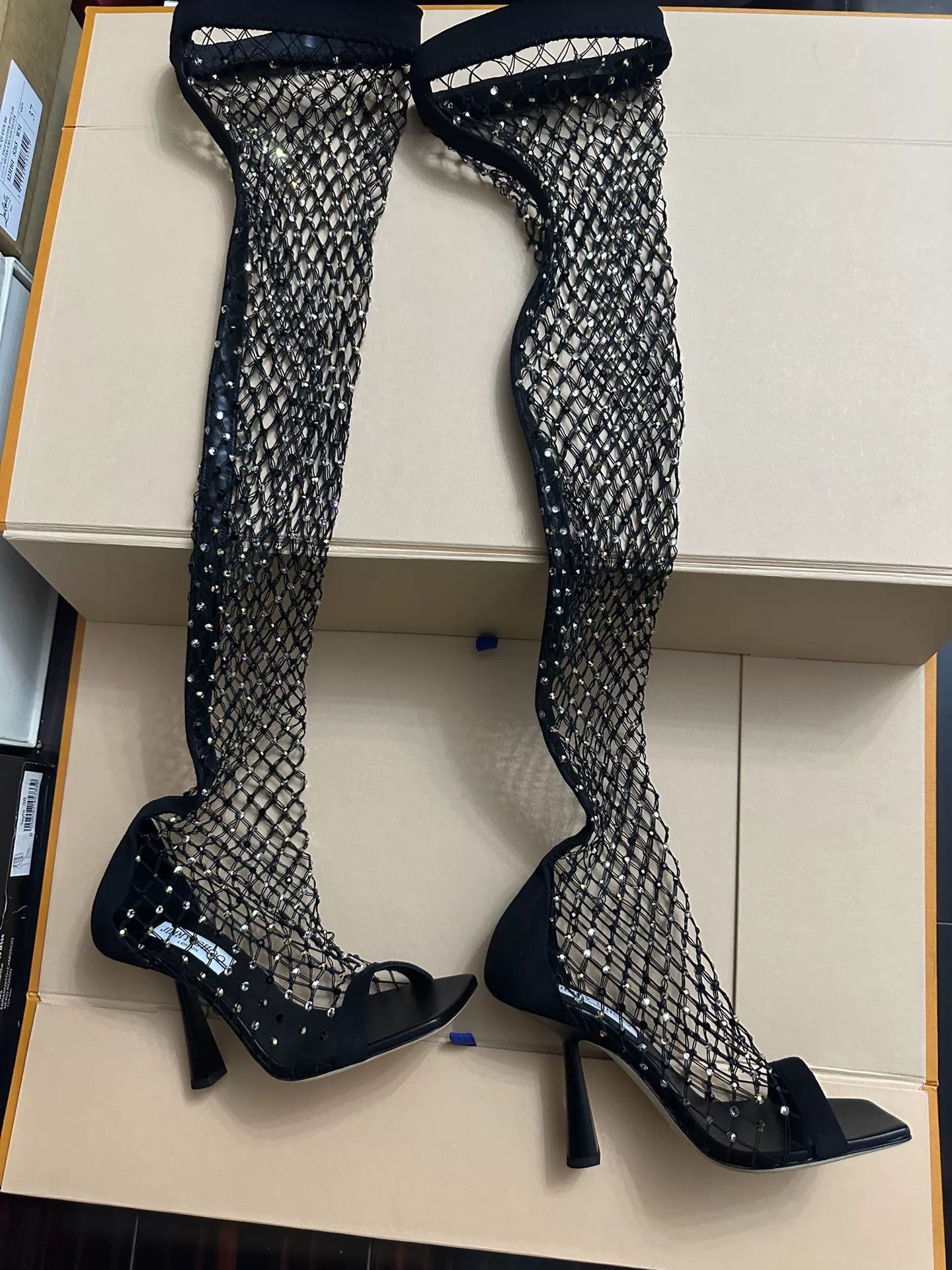 Jimmy Choo Jimmy Choo Black Crystal Mesh Boots Size US 7 / IT 37 - 1 Thumbnail