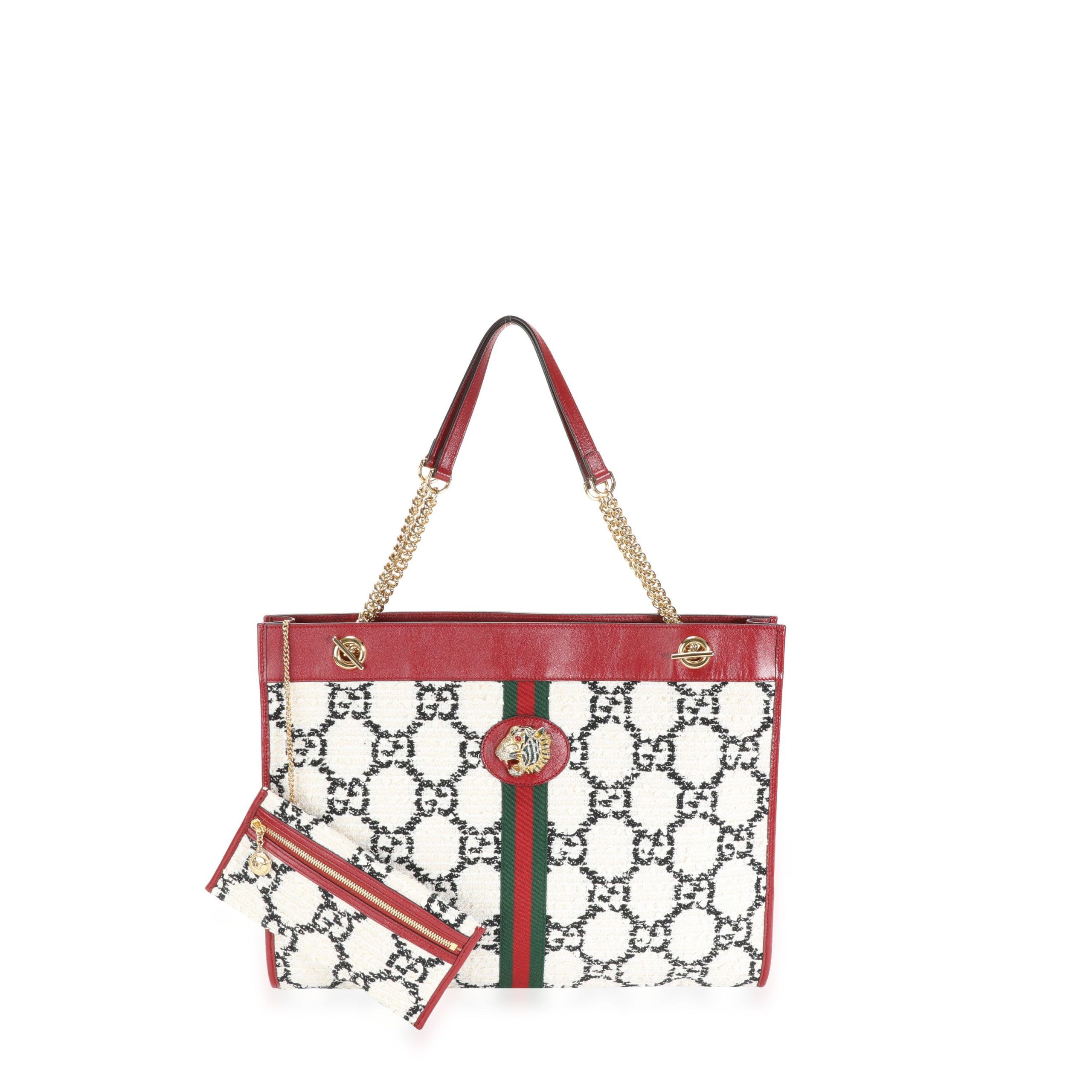 image of Gucci GG White Tweed & Romantic Cherry Leather Large Rajah Chain Tote, Women's