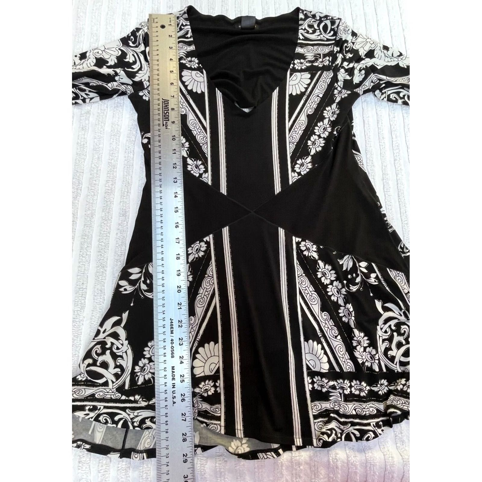 Vintage Eva Varro Dress Small Black White Floral Print V-Neck 3/4 Sleeve Tunic Top / Size S / US 4 / IT 40 - 7 Thumbnail