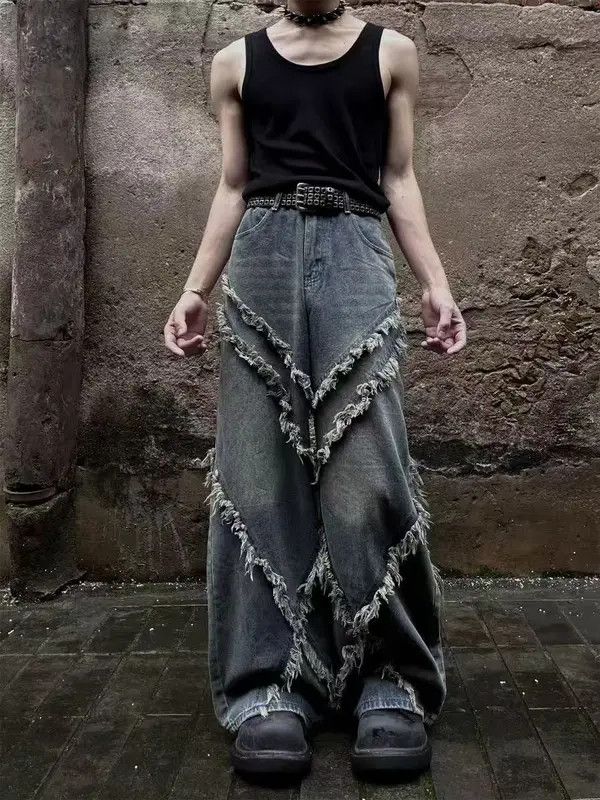 Japanese Brand VIBE Vintage fringe patchwork design wide leg baggy jeans Size US 34 / EU 50 - 5 Thumbnail