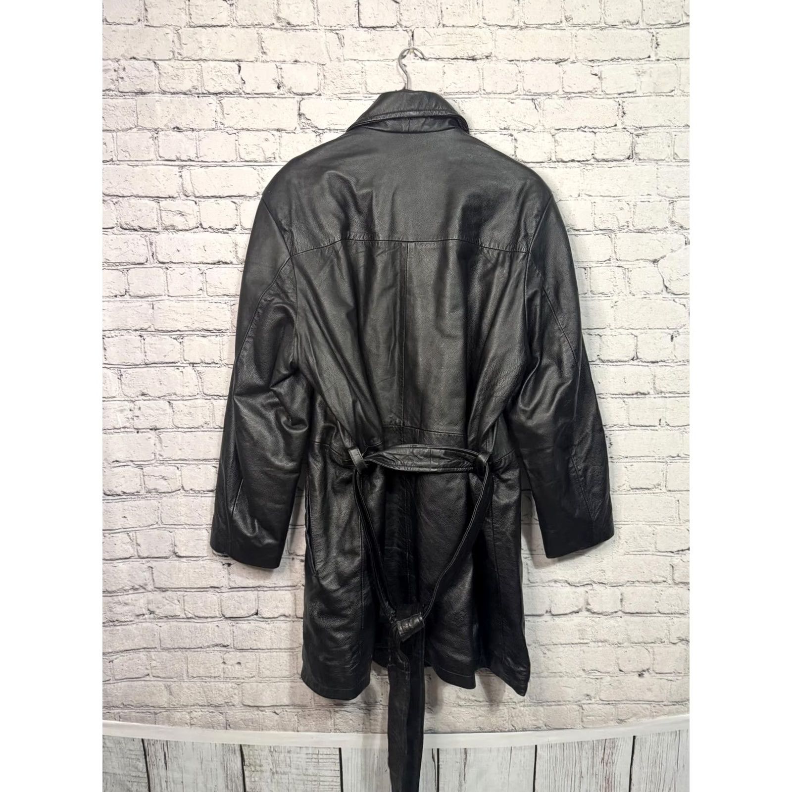 Velvet VINTAGE Midnight Velvet Women’s Leather Coat Jacket XL Regular Black Long Sleeve Zip Belted Mid-Length Coat Size XL / US 12-14 / IT 48-50 - 3 Thumbnail