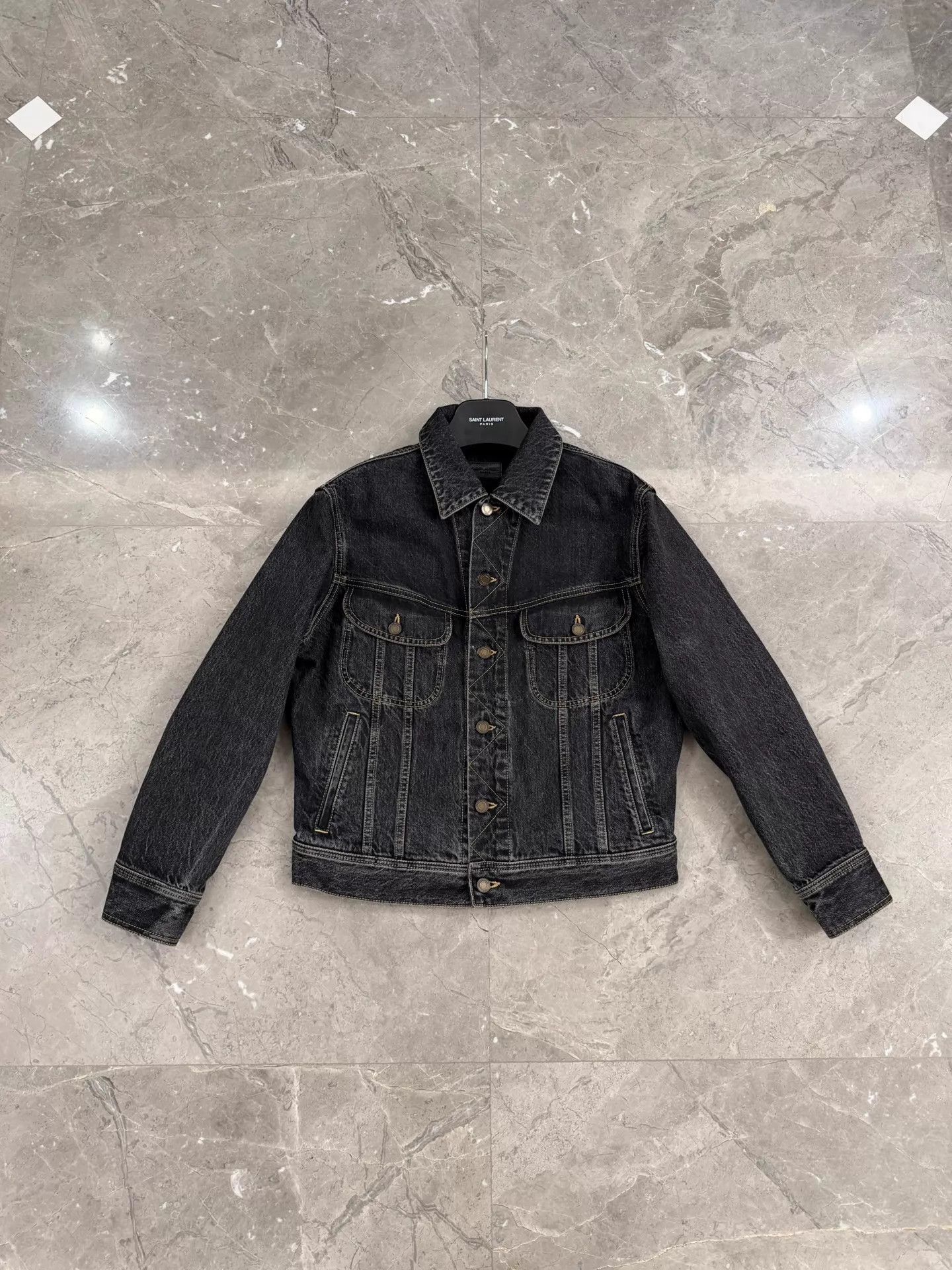 Saint Laurent Paris SLP Black Washed Denim Yellow Stitch Jacket S Size US S / EU 44-46 / 1 - 2 Thumbnail