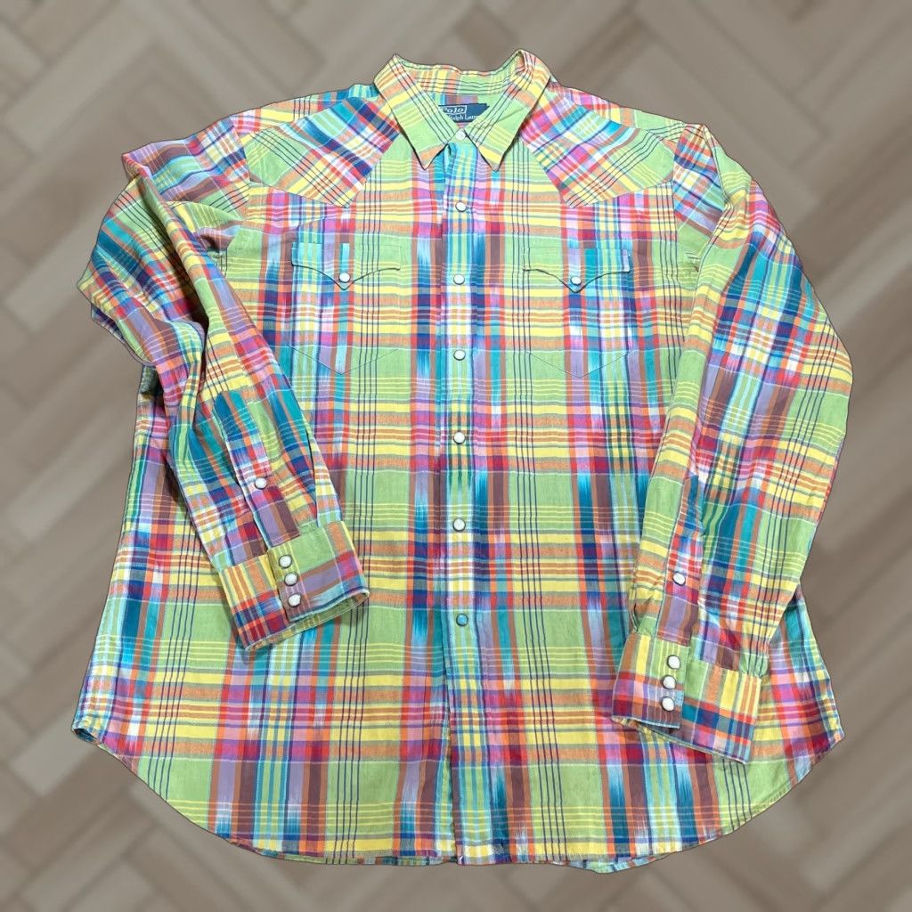 Polo Ralph Lauren Shirt Men XL Plaid Western Pearl Snap Button-Up