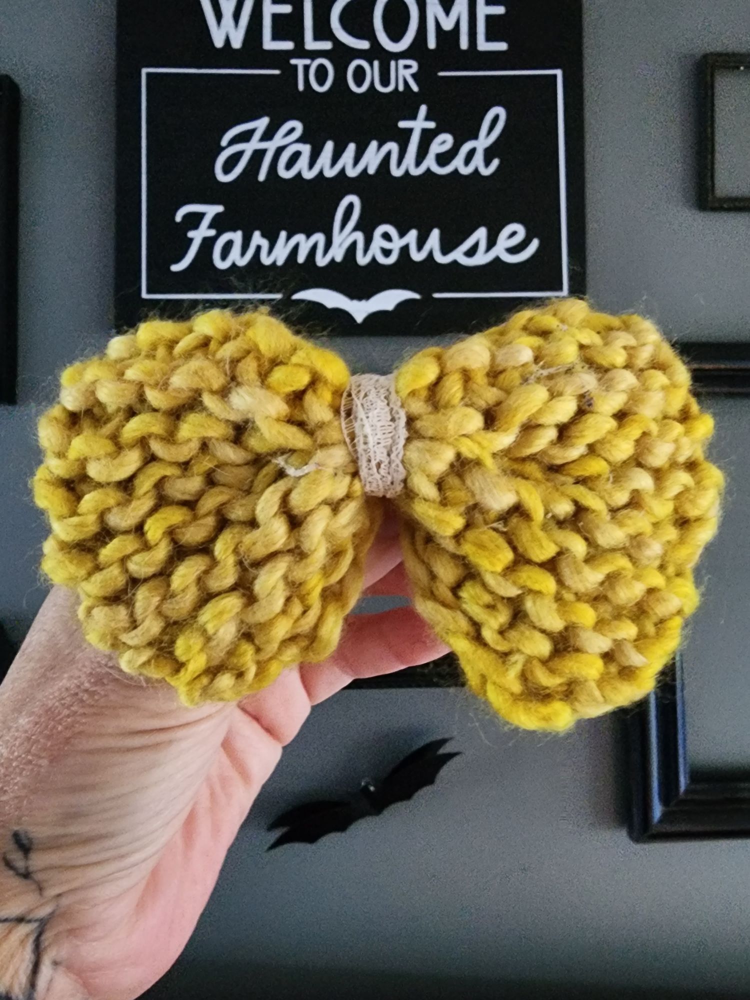 Handmade Knit Hair Bow, Handknitted Maize Yellow Ponytail Holder or H Size ONE SIZE - 3 Thumbnail
