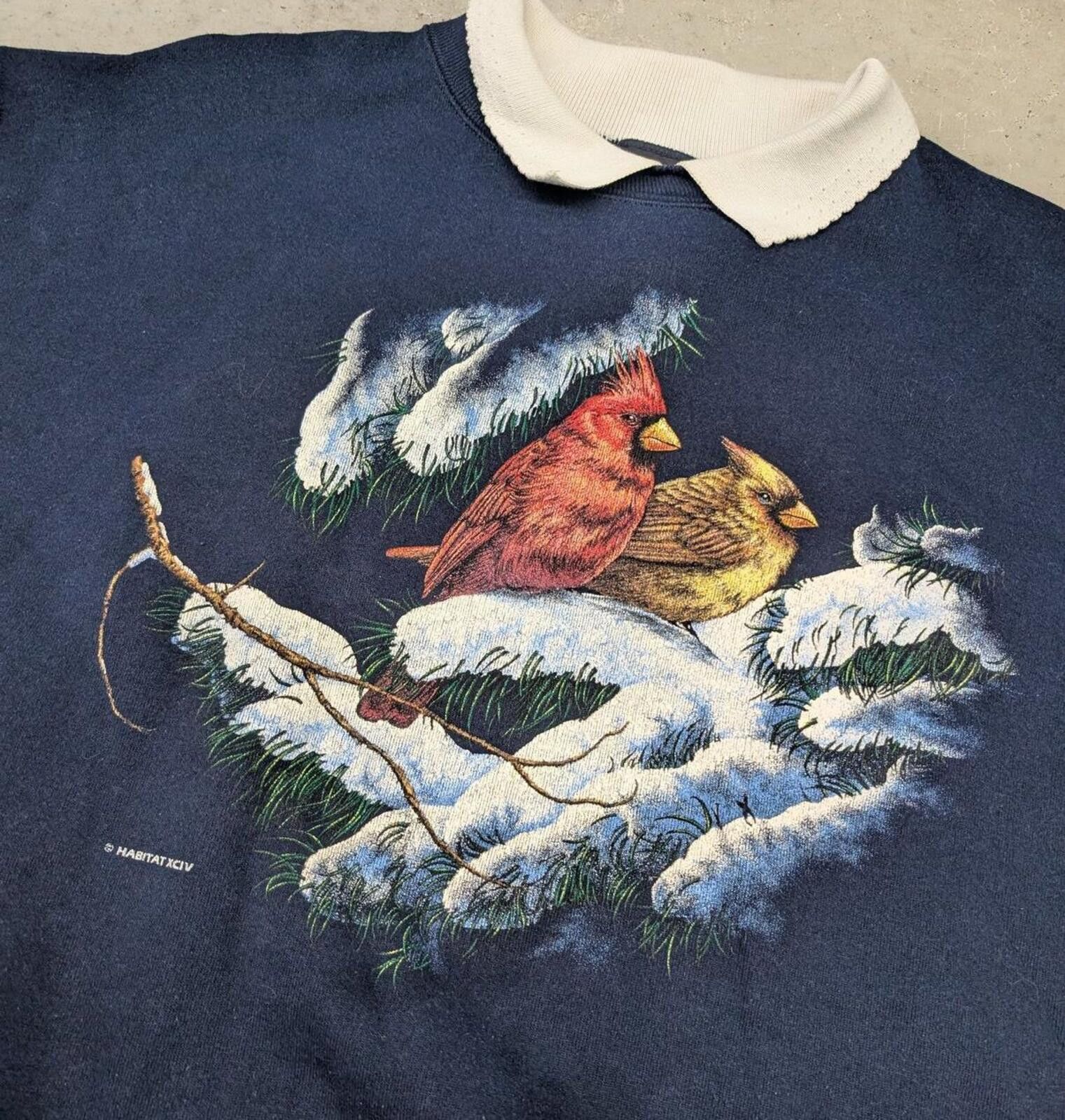 Vintage Vintage 90s Cardinals in a Snow Tree Collared Frill Sweater Size XL / US 12-14 / IT 48-50 - 2 Thumbnail