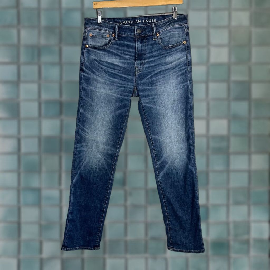 Vintage American Eagle Jeans Slim 33 Blue Denim Mens Waist 33 Inseam 32 Temp Tech Airflex+ 5-Pocket Size US 33 - 1 Thumbnail