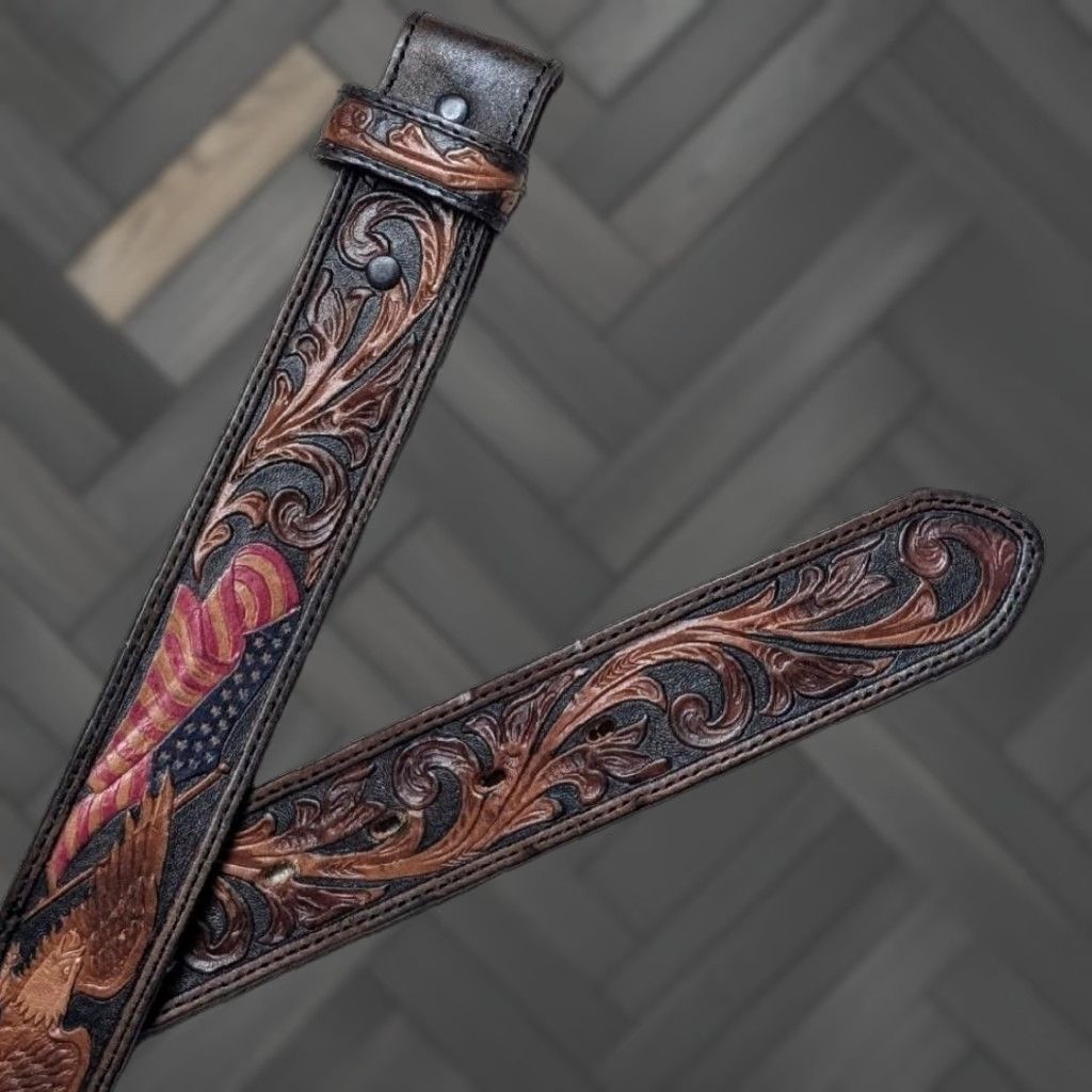 VINTAGE tooled western belt 36 Leather EAGLE American flag USA Harley Mens Belt