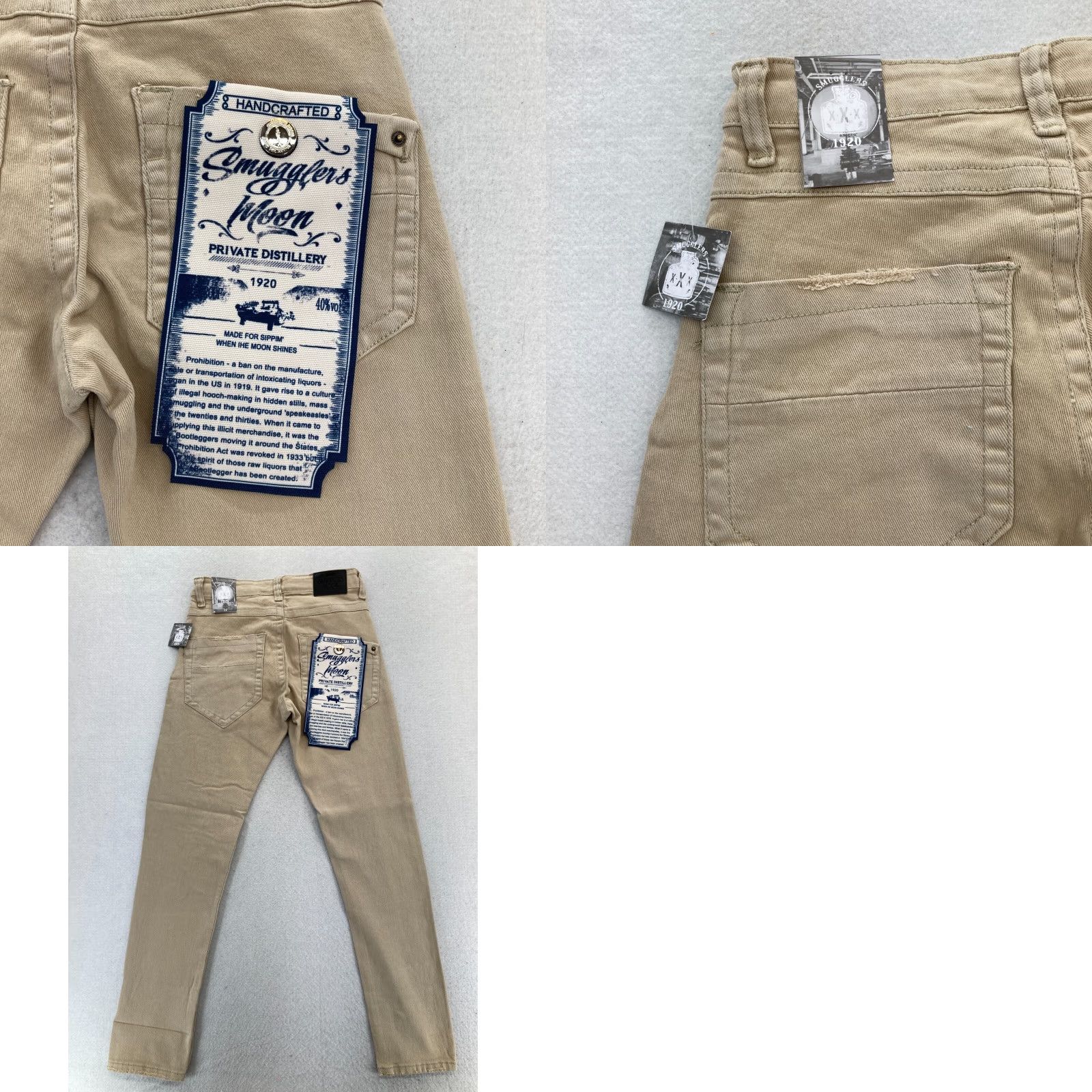 Denime Smugglers Moon Jeans Mens 28x31 Khaki Beige Denim Button Fly Roll Up Distressed Slim Jeans Men Size US 28 / EU 44 - 10 Thumbnail
