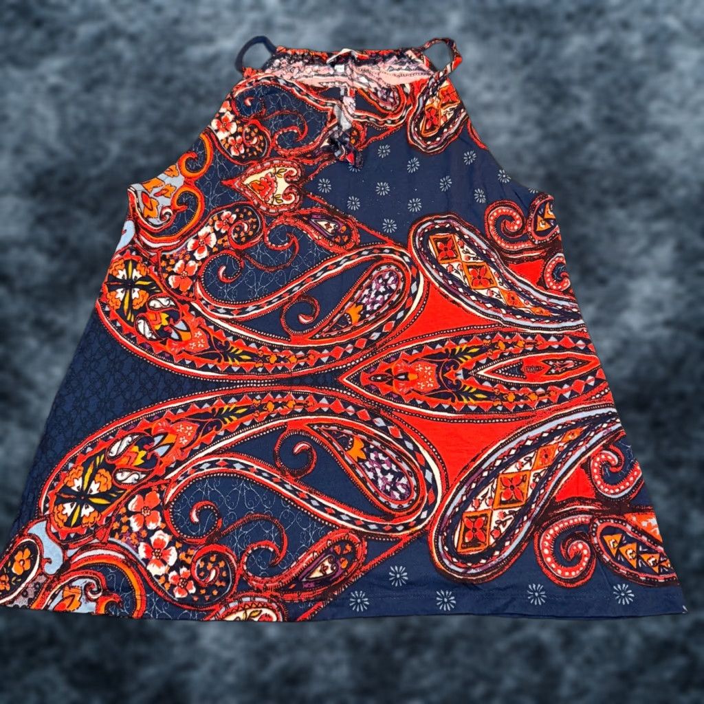 Vintage LASCANA Tank Women's Paisley Halter Blue Red, Boho, Sleeveless, Adjustable Strap - Size 8, Relaxed Fit, Viscose Polyester Blend Size M / US 6-8 / IT 42-44 - 1 Thumbnail