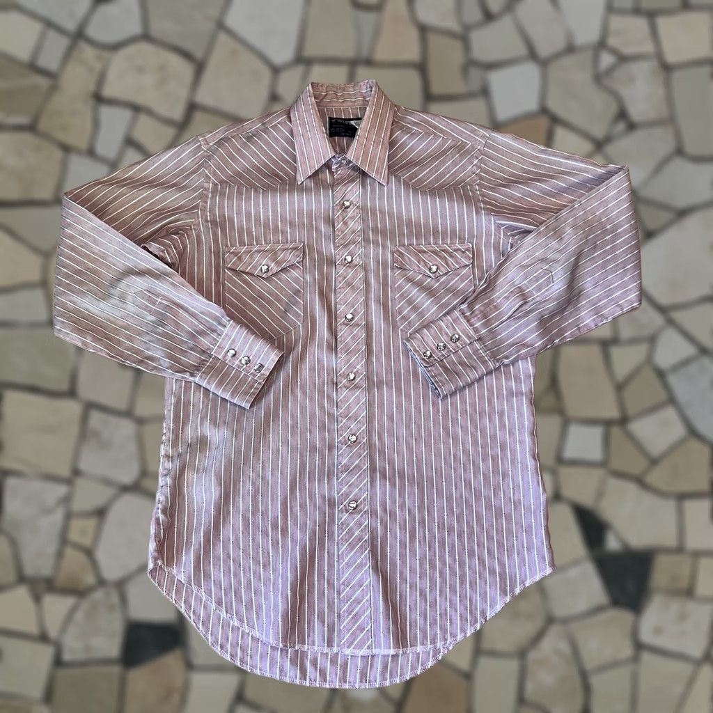 Wrangler VINTAGE Wrangler Brushpopper Pearl Snap Striped Shirt Long Sleeve Mens 15.5-33 Light Pink Cotton Western Button-Up Casual Workwear 80s 90s Mens Size US M / EU 48-50 / 2 - 1 Thumbnail