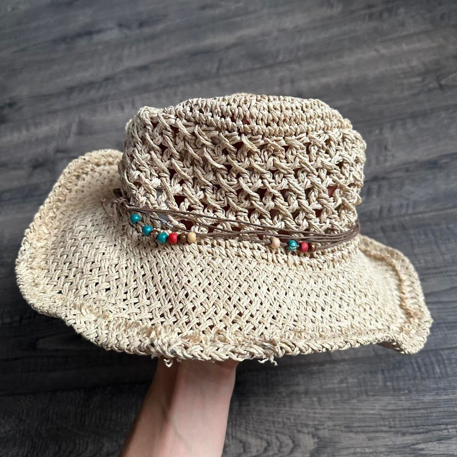 Vintage Vintage Retro Boho Straw Beaded Rope Sun Beach Hat Cap Size ONE SIZE - 3 Thumbnail