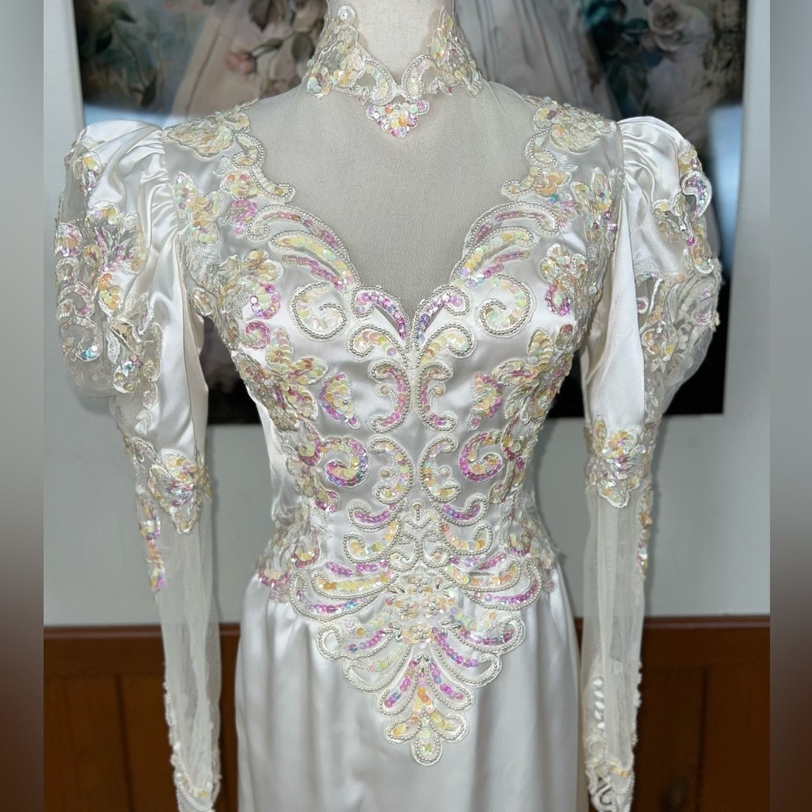 Vintage Vintage 90s Pink Sequin Cathedral Length Wedding Gown! Size M / US 6-8 / IT 42-44 - 3 Thumbnail